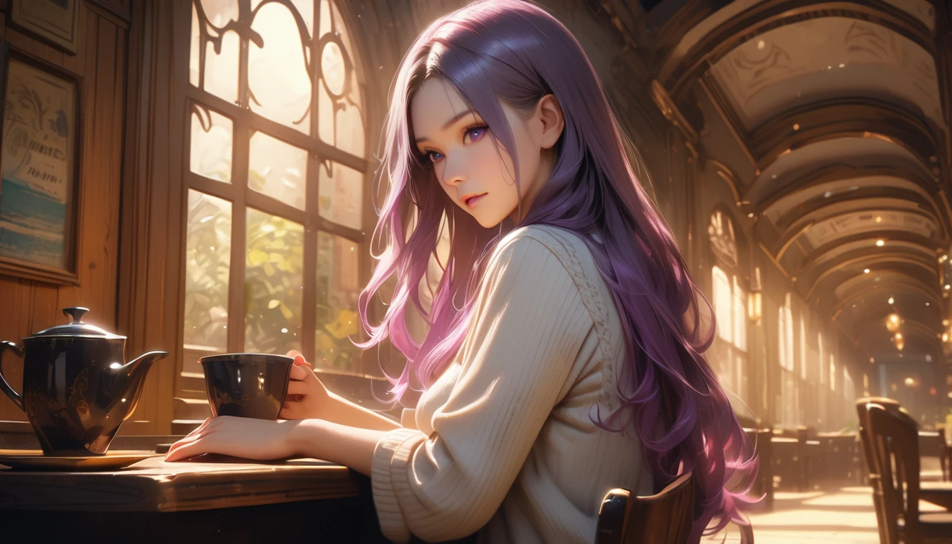 Charming Art Nouveau Cafe in America, Beautifully decorated interior, Drinking coffee2People Girls, Inji, (Purple Hair, Purple eyes, Long Hair, Gray Hair, Double Knit, Gradient Hair,Warm lighting, elegant furnishings, Detailed architecture, Realistic, 8K, Highest quality, Intricate details, Dramatic lighting, Warm tones, Atmospheric, Cinematic