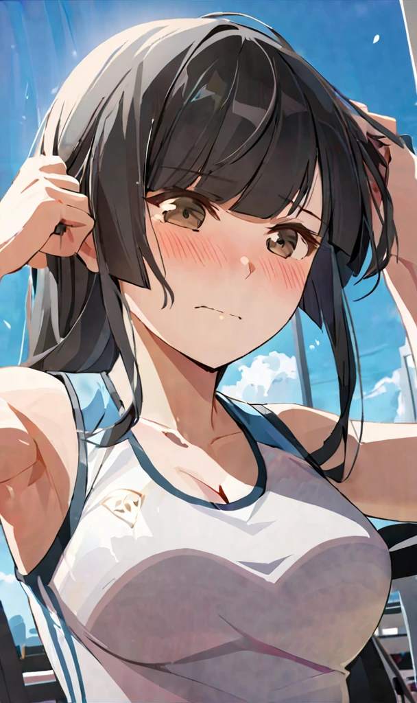 masterpiece,best quality, solo, eda, bangs, black hair, blue sky,cloud, shy expression, blushing expression, embarrassed expression, medium breast, hot, thicc, she is embarassed , she has a medium chest, she is wearing a gym outfit ,she is looking at you, closed mouth, cleavage, upper body , she is looking down on you, she is in the gym, she is working out, she is wearing sports, she is wearing white sando, she is fit, upper body, dynamic pose, dinamic view angle, detailed, she is tying her hair, she is super shy, she is embarrassed,m, sexy angle