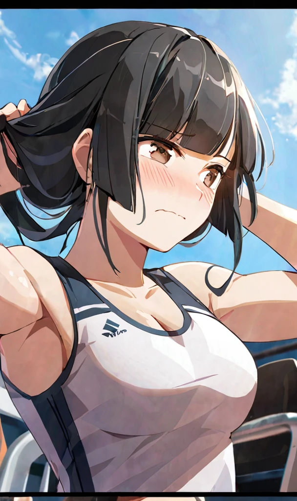 masterpiece,best quality, solo, eda, bangs, black hair, blue sky,cloud, shy expression, blushing expression, embarrassed expression, medium breast, hot, thicc, she is embarassed , she has a medium chest, she is wearing a gym outfit ,she is looking at you, closed mouth, cleavage, upper body , she is looking down on you, she is in the gym, she is working out, she is wearing sports, she is wearing white sando, she is fit, upper body, dynamic pose, dinamic view angle, detailed, she is tying her hair, she is super shy, she is embarrassed,m, sexy angle