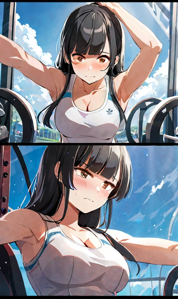 masterpiece,best quality, solo, eda, bangs, black hair, blue sky,cloud, shy expression, blushing expression, embarrassed expression, medium breast, hot, thicc, she is embarassed , she has a medium chest, she is wearing a gym outfit ,she is looking at you, closed mouth, cleavage, upper body , she is looking down on you, she is in the gym, she is working out, she is wearing sports, she is wearing white sando, she is fit, upper body, dynamic pose, dinamic view angle, detailed, she is tying her hair, she is super shy, she is embarrassed,m, sexy angle