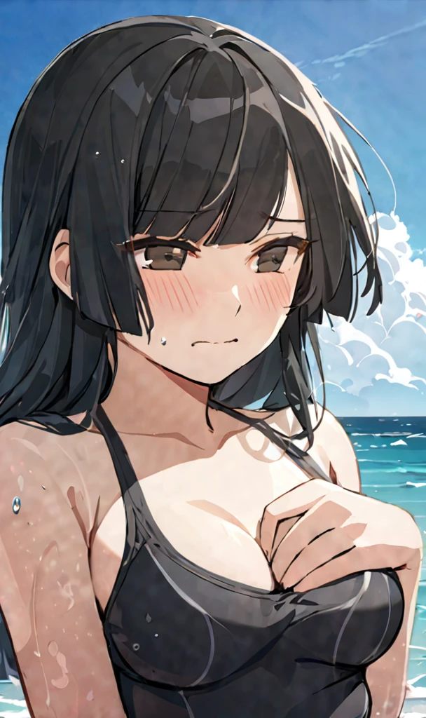 masterpiece,best quality, solo, eda, bangs, black hair, upper body,blue sky,cloud, shy expression, medium breast, hot, thicc, swimsuit , ocean, water, she is hiding her chest, she is shy, embarrassed