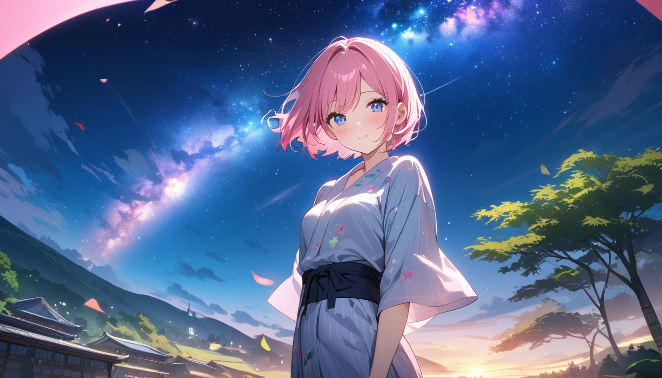 (1 girl), (Best Picture Quality, 8K, Masterpiece:1.3), (high school student:1.5), (pink lob hair:1.1), [skyblue hair:0.1], (bob cut), (swept bangs), (cute eyes, pupil black, iris skyblue, youthful face), (mole under right eye), (standard weight), (small breasts), (glistening skin:1.1), (pale skin:1.2), ((yukata decorated with stars and galaxies)), ((magical glow of light enveloping the yukata)), (standing by a riverbank under a starlit sky with the Milky Way visible), (bamboo trees with colorful tanzaku swaying in the breeze), (Fluorescent:1.3), (picturesque landscape with rolling hills, quaint village, and floating islands in the sky), (ethereal mist and shimmering lights), ((magnificent view)).