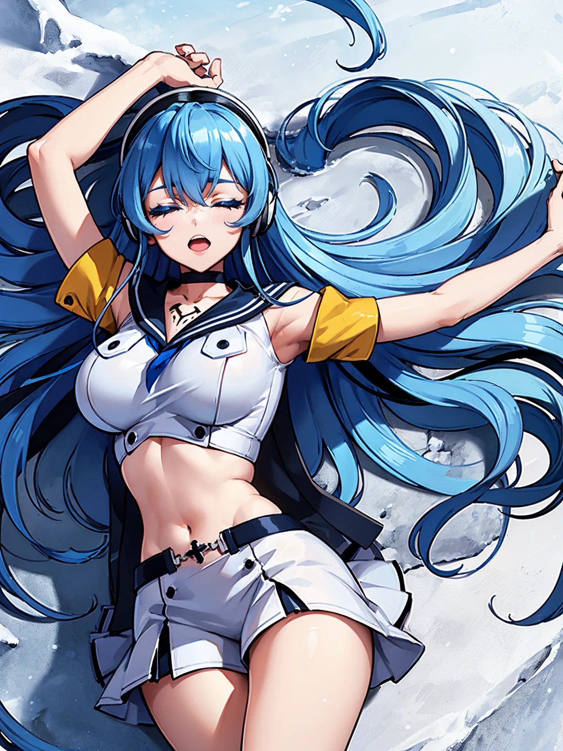 (artwork, best quality) a girl with long blue hair, closed eyes, blue eyelashes, white sailor suit, big breasts, perfect body, beautiful eyes, good waist, tattoo, screaming with joy, arms and legs open, listening to music with a headset, lying in the snow