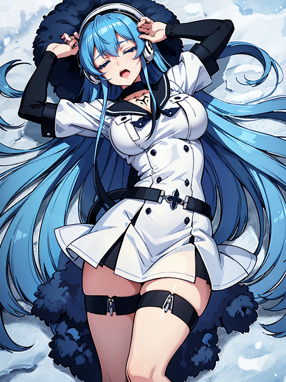 (artwork, best quality) a girl with long blue hair, closed eyes, blue eyelashes, white sailor suit, big breasts, perfect body, beautiful eyes, good waist, tattoo, screaming with joy, arms and legs open, listening to music with a headset, lying in the snow