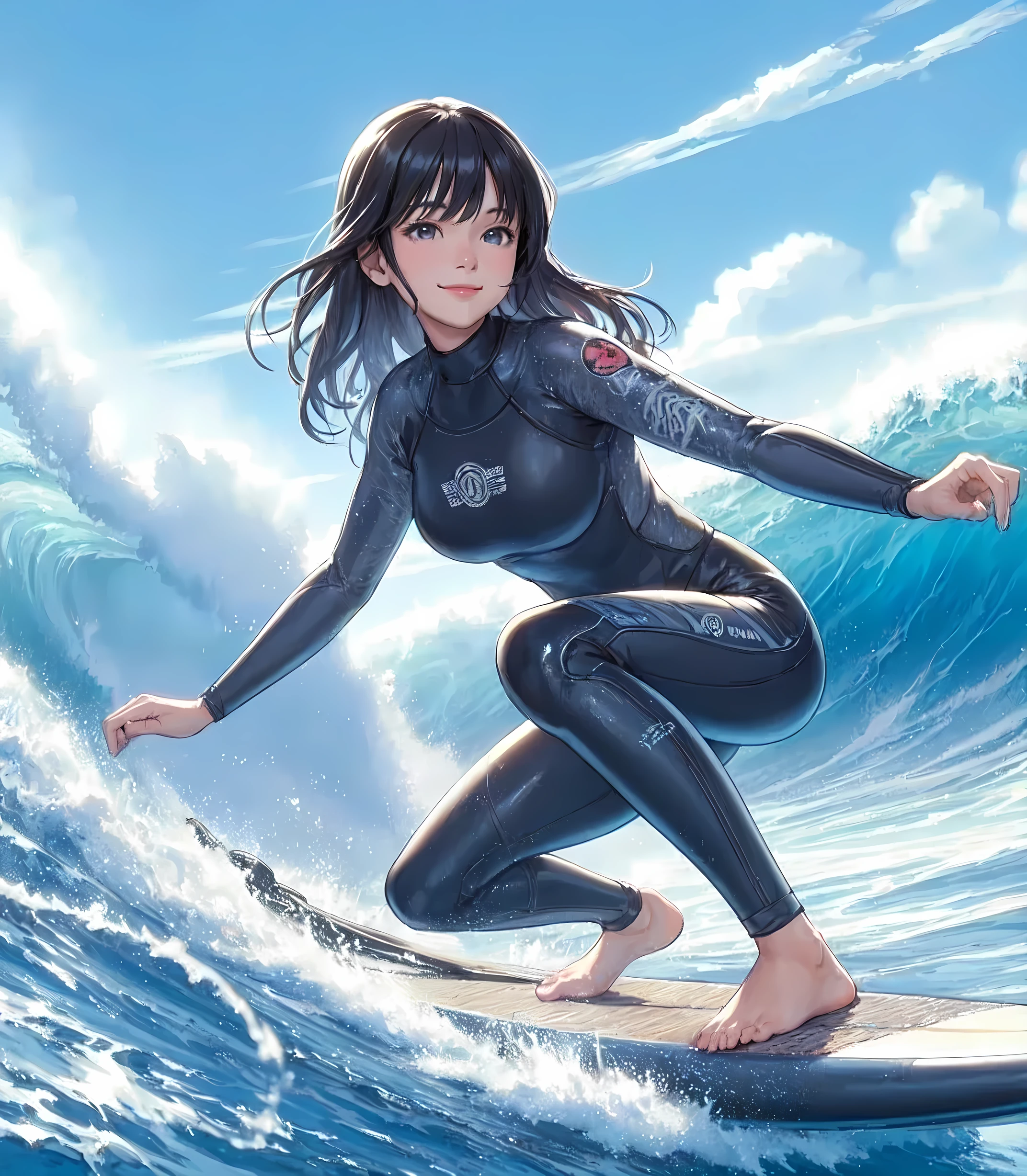 1lady solo, standing on surfboard, (squatting:0.8) balancing, (dynamic posing), (stylish wetsuit) surfer, ( female:0.8), /(black hair/) bangs, light smile, (masterpiece best quality:1.2) delicate illustration ultra-detailed, large breast (sea surface) outdoors, (big waves:1.1), splash, blue sky, detailed background