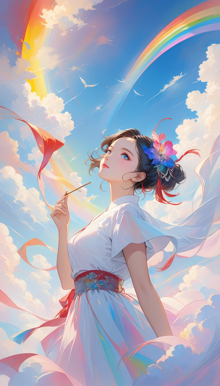 Chinese woman, Close-up of face, Soaring female figures **** Ribbon, smokes, in the sky, Vibrant colors, Mysterious colors, Modern Impressionism, portraiture Yanjun Cheng, Rainbow painting, 3/4 Perspective, Cute face, Low Angle, Wide Rotation Composition, Large target, Beautiful crystal eyes, Large target iris, Ultra HD, Human Development Report, 8,000, (masterpiece: 1.5), (The most beautiful portraits in the world: 1.5)