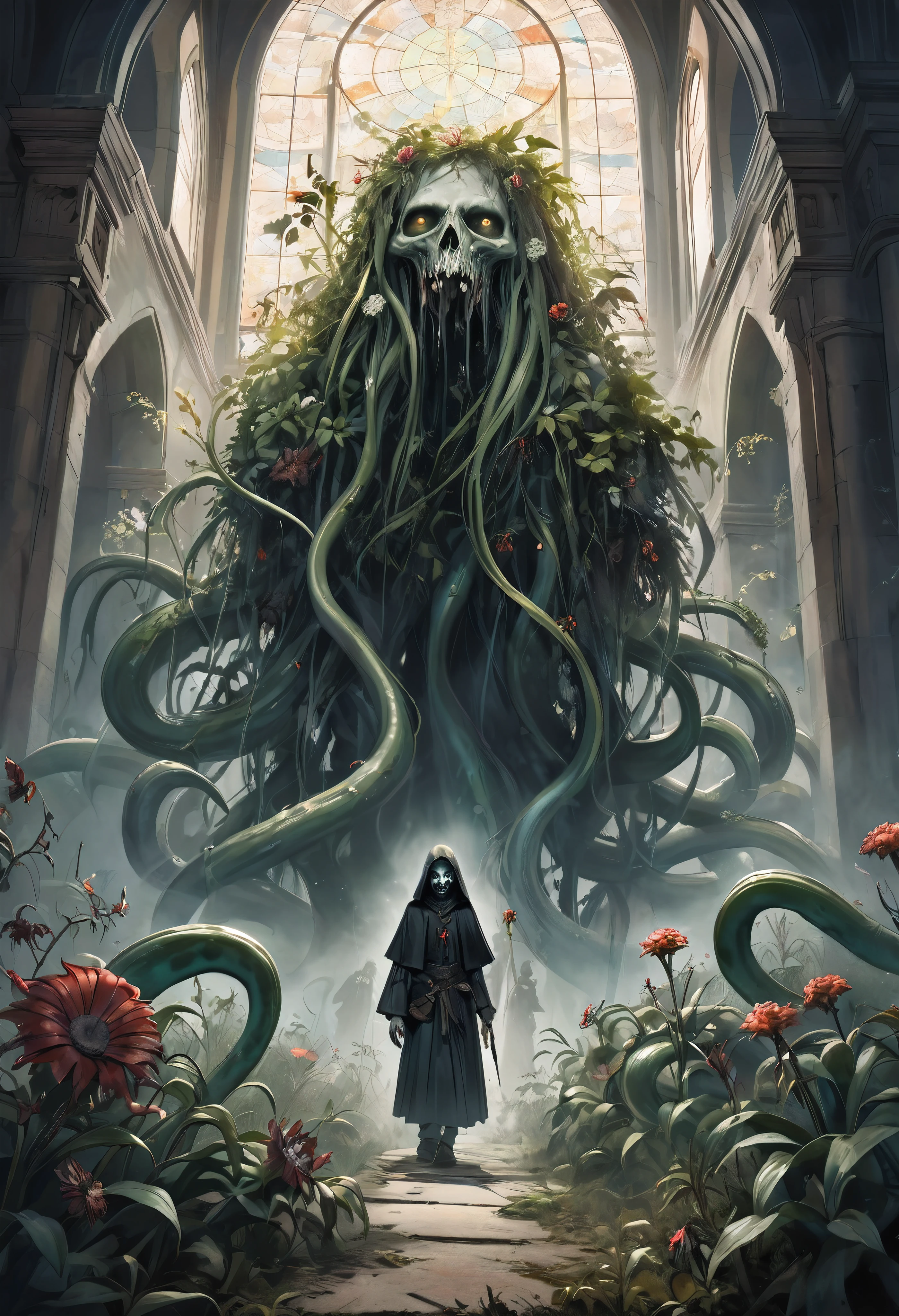 An aesthetic fusion of gothic horror and plant art, Realistic Dark Fantasy, BREAK: Zombies wandering around a church late at night, Entangled plants, Aesthetic flowers bloom, BREAK Plant tentacles attack zombies, As if it had a will, BREAK Zombies shaking off plants, Plants suppress movement, Dynamic growth, BREAK Fantastic Fog, A religious painting with clear detail and aesthetics