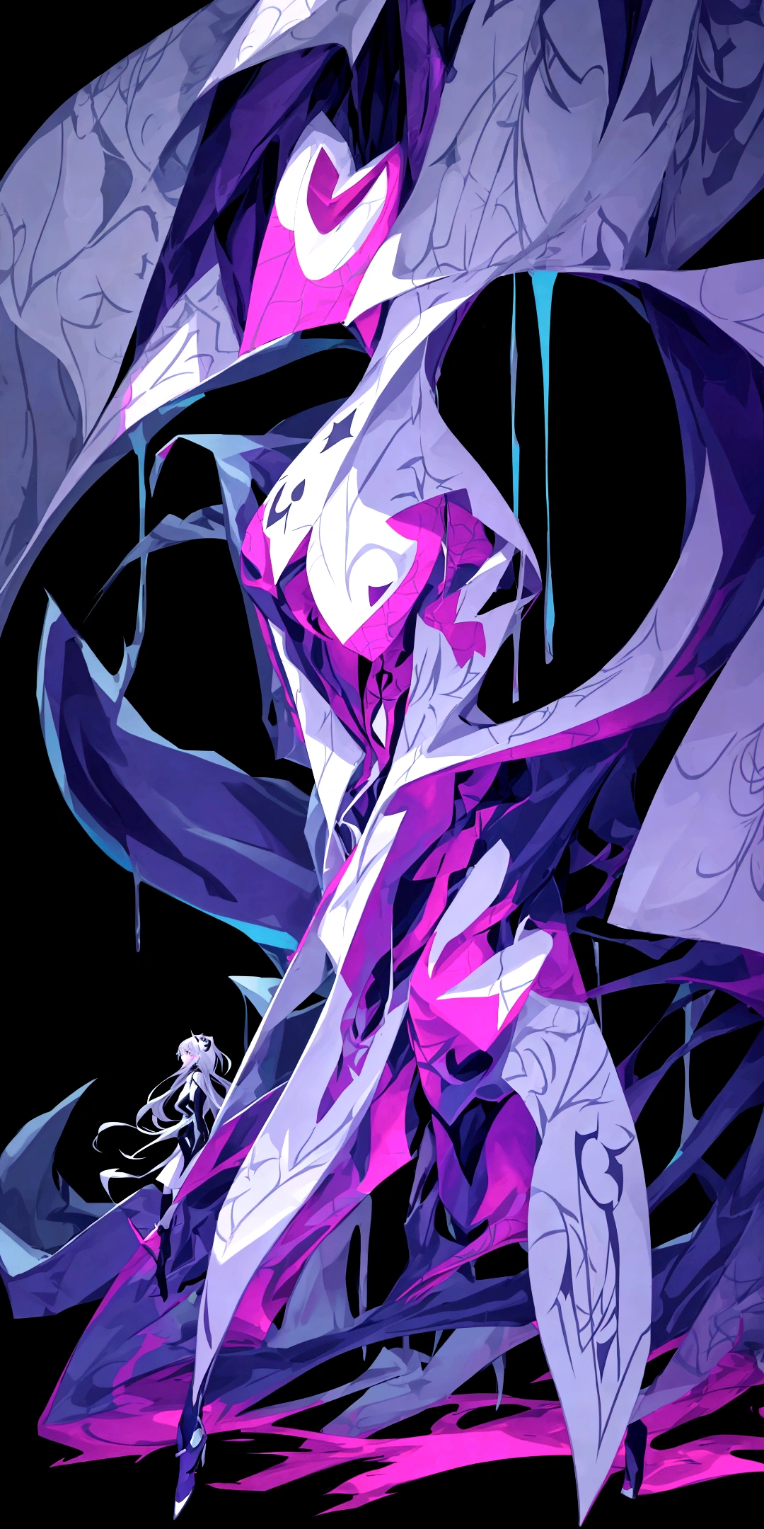 Close-up of cartoon character with very long hair, SPIDER GWEN, Spider Gwen, Spider - Gwen, 2d art, 2 d art, Low resolution, background image, official fanart, cel - shaded art style, loish |, ominous pose, A high resolution, 2D style, Stylized neon, digital art from danganronpa, kda