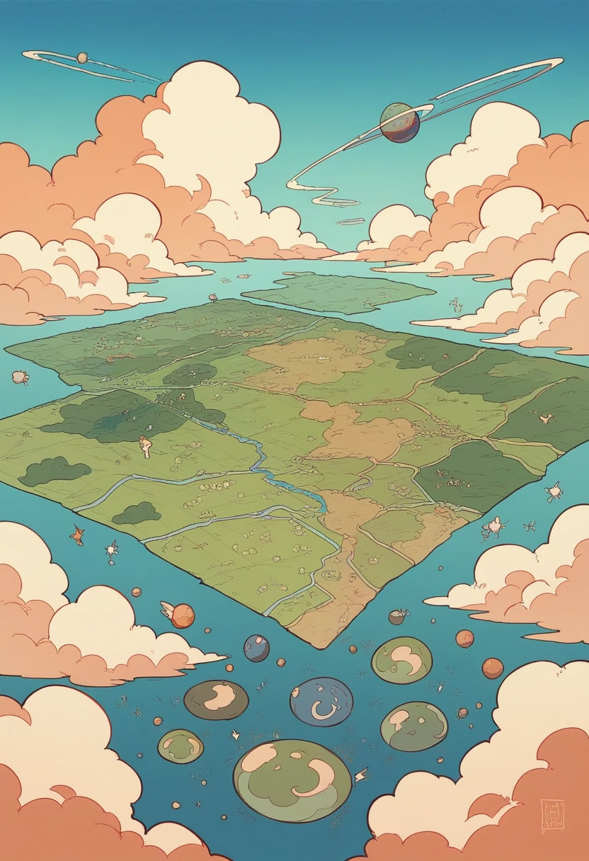 A man flies through the sky,Surrounded by a planet,A variety of goods surround it。The man holds the map,'s illustration。