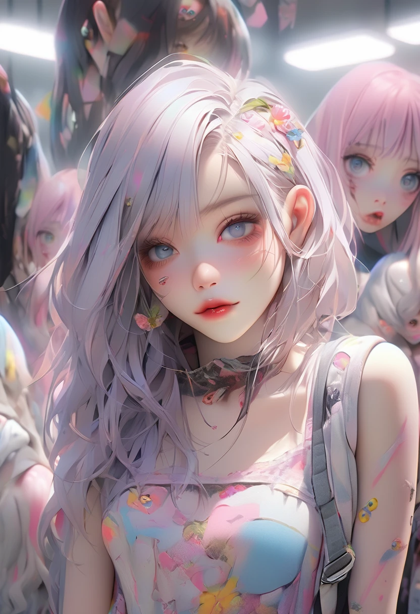 a cute girl, adorable zombie, idol-like, mischievous, 1girl, beautiful detailed eyes, beautiful detailed lips, extremely detailed facial features, long eyelashes, porcelain skin, cute expression, mischievous smile, ripped clothes, torn clothing, zombie-like skin, idol aesthetic, pastel colors, soft lighting, (highest quality,16k,highres,masterpiece:1.2),ultra-detailed,(ultra-realistic,photo-realistic:1.37)