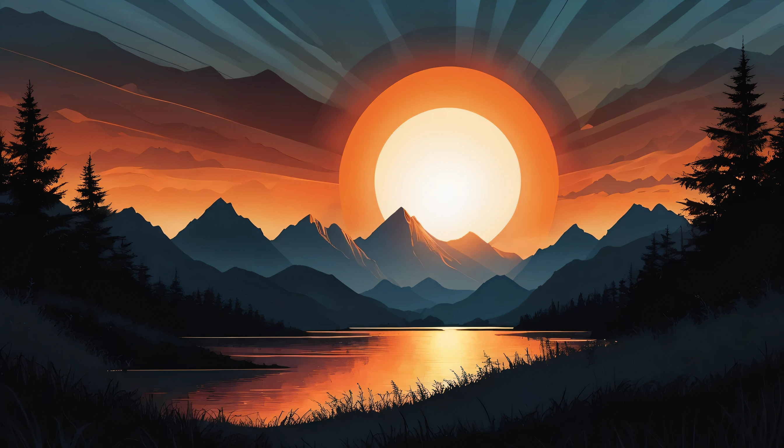 A stunning digital artwork featuring a mountain landscape at sunset. The prominent mountain range exhibits intricate, flowing line patterns in shades of black and white, with dramatic peaks and valleys. The large, glowing orange sun sets behind the mountains, its rays accentuated by horizontal lines that contrast with the dark silhouette. The sky transitions from deep red at the horizon to dark black at the top, creating a stunning gradient effect. The lower part of the image includes a dark forest silhouette, with subtle blue hues adding depth and dimension to the landscape. The overall style is detailed and abstract, showcasing bold contrast, smooth lines, and an artistic interpretation of a breathtaking sunset scene., illustration
