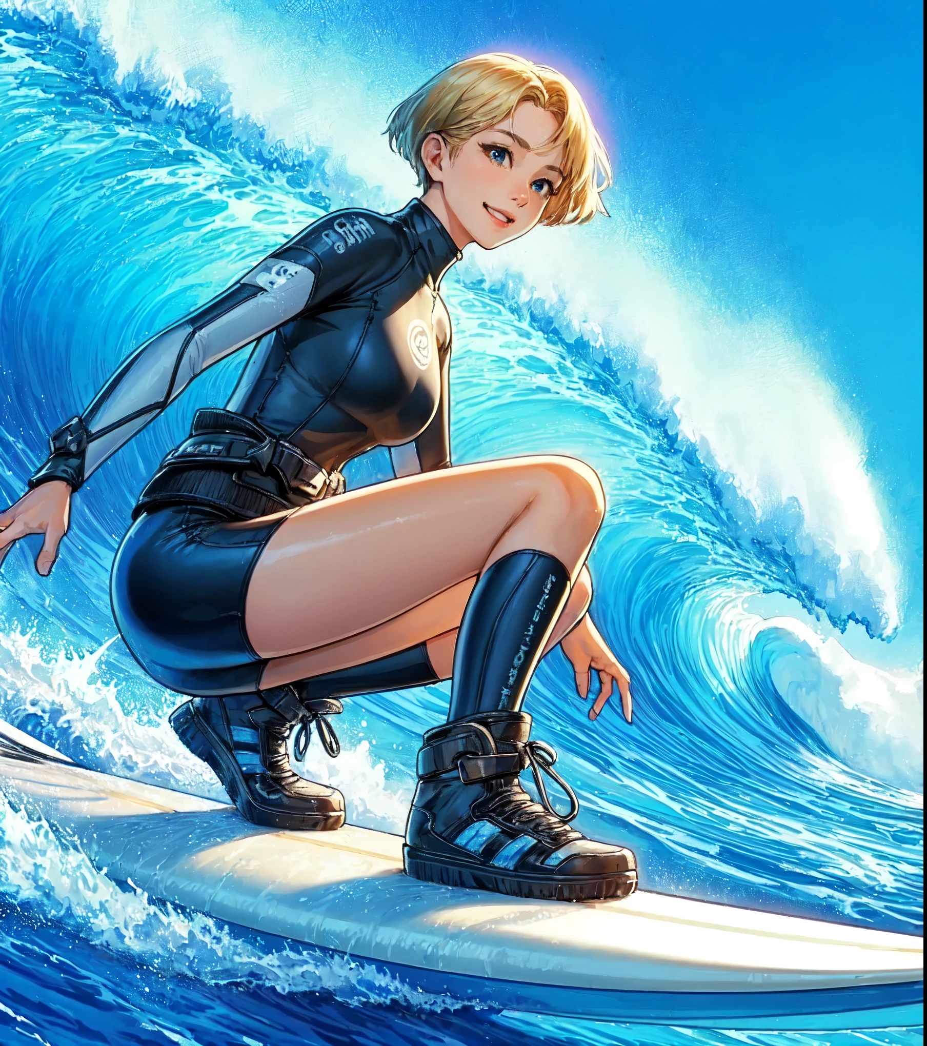 1lady solo, standing on surfboard, (squatting:0.8) balancing, (dynamic posing), (stylish wetsuit) surfer, (mature female:0.8), /(blond short hair/) bangs, light smile, (teeth:0.8), (masterpiece best quality:1.2) delicate illustration ultra-detailed, large breasts BREAK (sea surface) outdoors, (big waves:1.1), splash, blue sky, detailed background