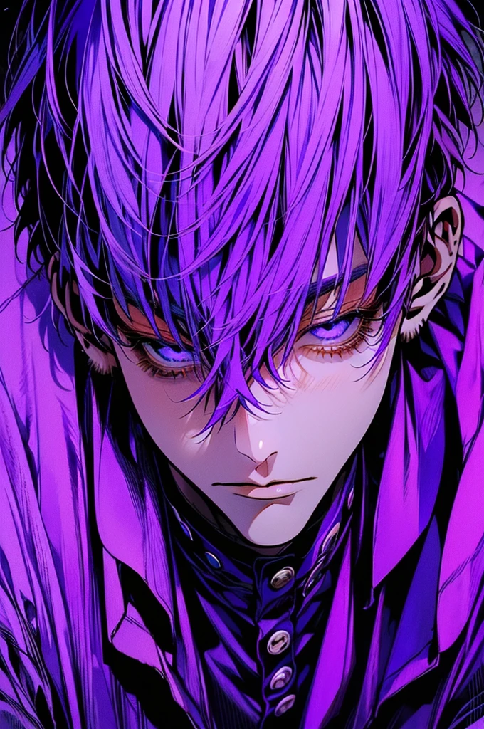 Make me a male anime character, a robot human with eyes covered with black cloth, purple hair, wearing a white shirt, purple jacket And the view of all bodies
