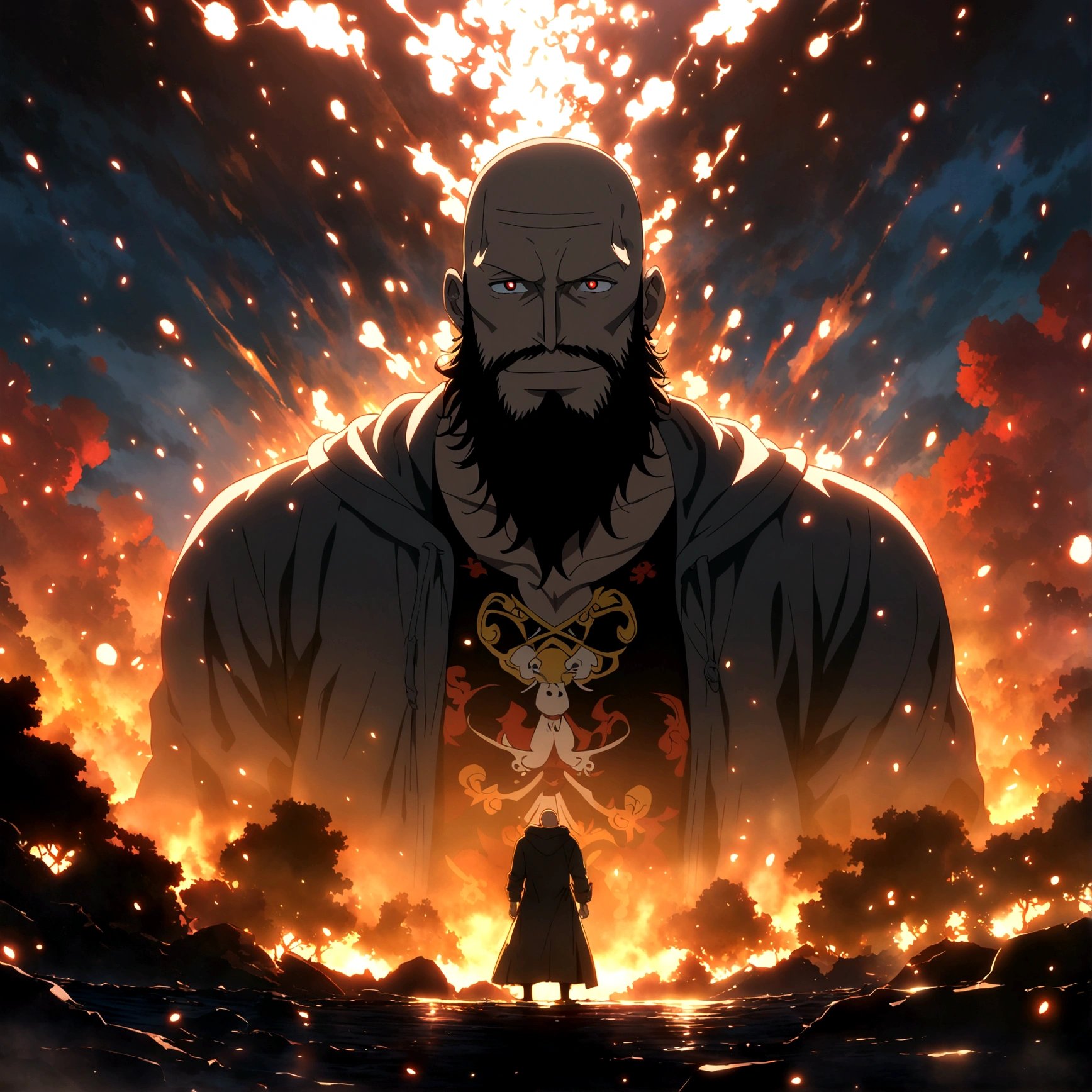 Man, big and robust, bald, big black beard, vibrant red eyes, cheerful and cool smile, black shirt, gray hooded coat, focus on the face, "Anime features inspired by One Piece, drenched in dramatic and incredible lighting, dramatic lighting, infused with creative details, ultra-fine 2D design, scenery bathed in creativity, bathed in creativity, boasting HD anime resolution clarity, HD anime graphics, high-octane rendering"