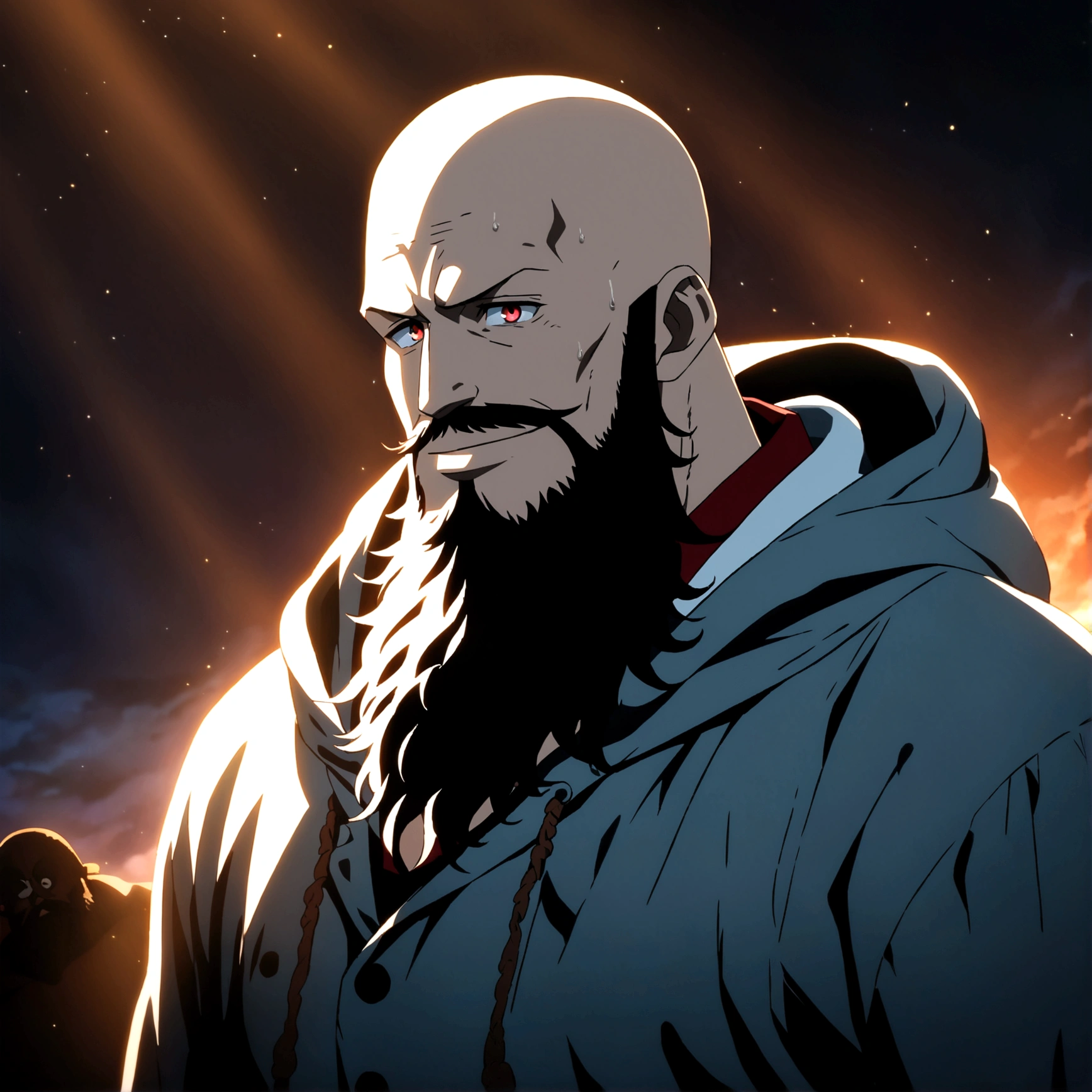 Man, big and robust, bald, big black beard, vibrant red eyes, cheerful and cool smile, black shirt, gray hooded coat, focus on the face, "Anime features inspired by One Piece, drenched in dramatic and incredible lighting, dramatic lighting, infused with creative details, ultra-fine 2D design, scenery bathed in creativity, bathed in creativity, boasting HD anime resolution clarity, HD anime graphics, high-octane rendering"