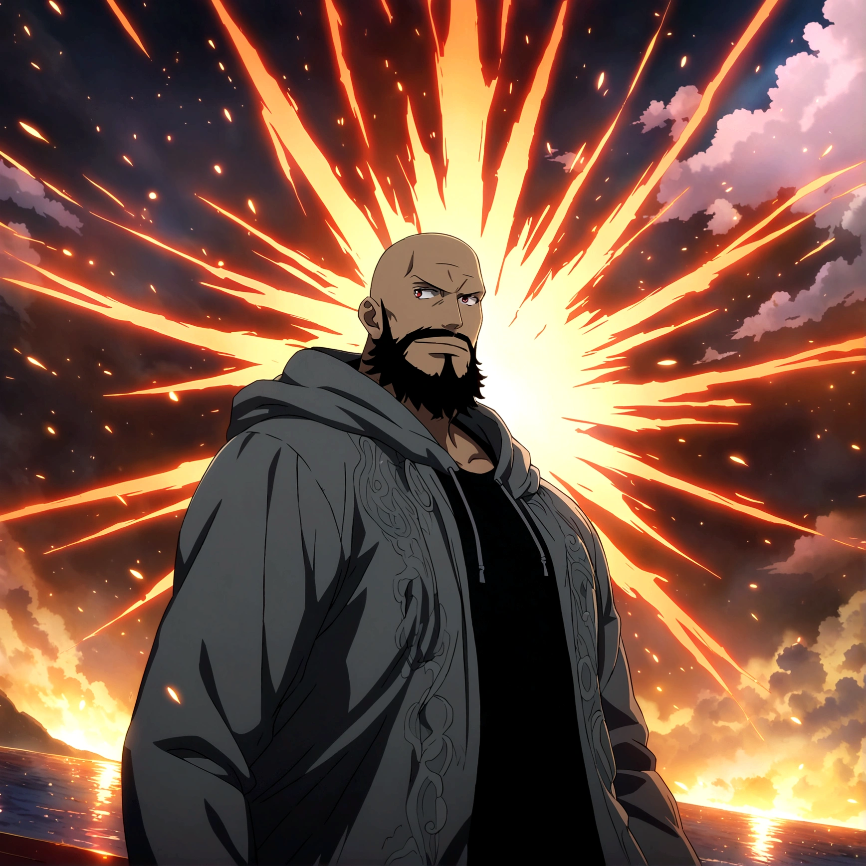 Man, big and robust, bald, big black beard, vibrant red eyes, cheerful and cool smile, black shirt, gray hooded coat, focus on the face, "Anime features inspired by One Piece, drenched in dramatic and incredible lighting, dramatic lighting, infused with creative details, ultra-fine 2D design, scenery bathed in creativity, bathed in creativity, boasting HD anime resolution clarity, HD anime graphics, high-octane rendering"