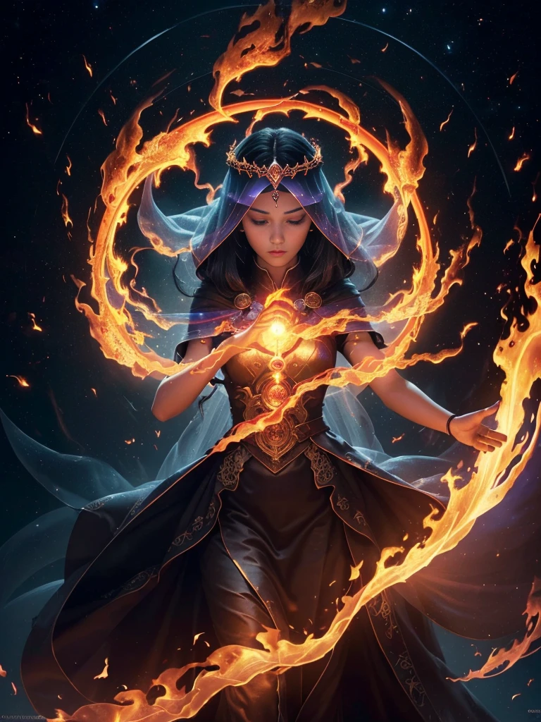 ((best quality)), ((masterpiece)), (detailed), (Practical), (Official Art), (extremely detailed CG unity 8k wallpaper), (Fire Magic:1.2), (Control fire:1.1), (element control:1.2), (Beautiful movements:1.1), (Flame beauty:1.2), (Mysterious power:1.2), (Calm expression:1.1), (Flames surge:1.2), (Sparkling sparks:1.2), (Charming aura:1.1), (Magic spells:1.2), (Flame Ripple:1.2), (Magnificent fire scene:1.1), (Emerging from the vortex of fire:1.2), (Resonate with nature:1.2), (Mastering the Elements:1.2), (translucent veils:1.1), (Wisdom and strength:1.2), (Magic Vortex:1.2), (Glowing fire symbol:1.1), (Living with the flame:1.2), (Mysterious origins:1.2), (balance:1.1), (The power of calm:1.2), (A fascinating spectacle:1.2), (Immerse yourself in the magic of fire:1.1), (Embrace her destiny:1.2)