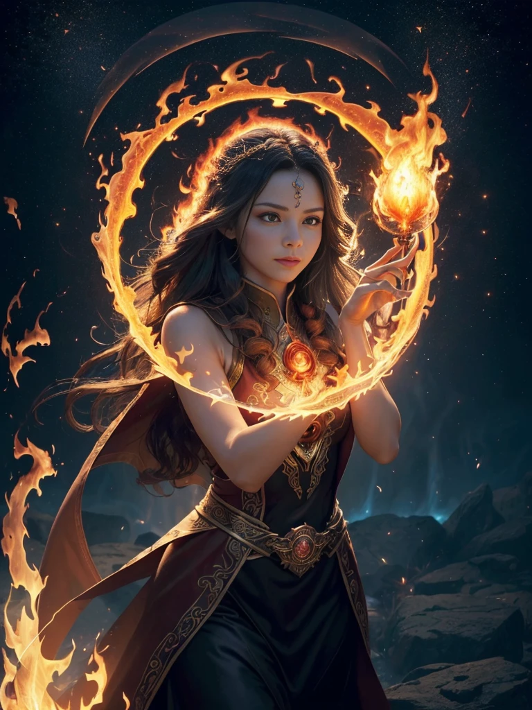 ((best quality)), ((masterpiece)), (detailed), (Practical), (Official Art), (extremely detailed CG unity 8k wallpaper), (Fire Magic:1.2), (Control fire:1.1), (element control:1.2), (Beautiful movements:1.1), (Flame beauty:1.2), (Mysterious power:1.2), (Calm expression:1.1), (Flames surge:1.2), (Sparkling sparks:1.2), (Charming aura:1.1), (Magic spells:1.2), (Flame Ripple:1.2), (Magnificent fire scene:1.1), (Emerging from the vortex of fire:1.2), (Resonate with nature:1.2), (Mastering the Elements:1.2), (translucent veils:1.1), (Wisdom and strength:1.2), (Magic Vortex:1.2), (Glowing fire symbol:1.1), (Living with the flame:1.2), (Mysterious origins:1.2), (balance:1.1), (The power of calm:1.2), (A fascinating spectacle:1.2), (Immerse yourself in the magic of fire:1.1), (Embrace her destiny:1.2)
