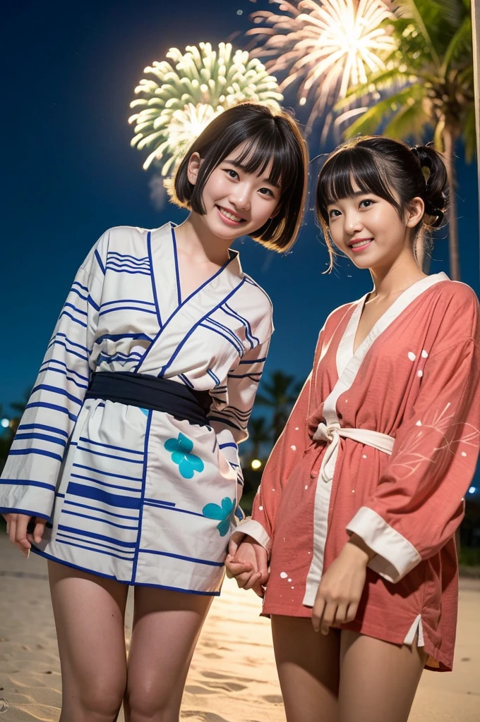 2 girls in beach near school at night,long-sleeved yukata,fireworks,18-year-old,bangs,a little smile,thighs,knees,short hair with low pigtails bunches,from below,front light