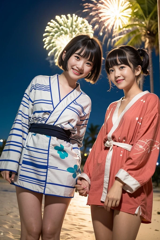 2 girls in beach by seaside school at night,long-sleeved yukata,fireworks,18-year-old,bangs,a little smile,thighs,knees,short hair with low pigtails bunches,from below,front light