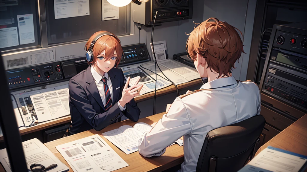 male,Two people,Radio program,Read the manuscript,Radio Booth,