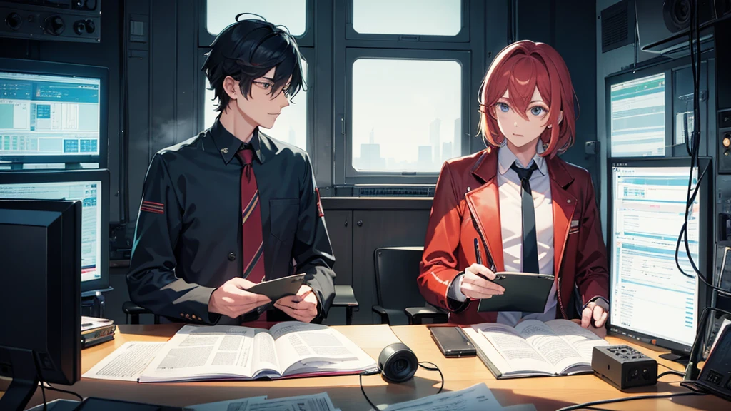 male,Two people,Radio program,Read the manuscript,Radio Booth,