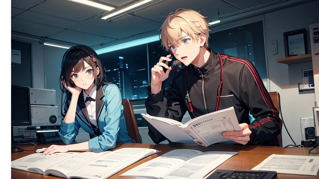 male,Two people,Radio program,Read the manuscript,Radio Booth,