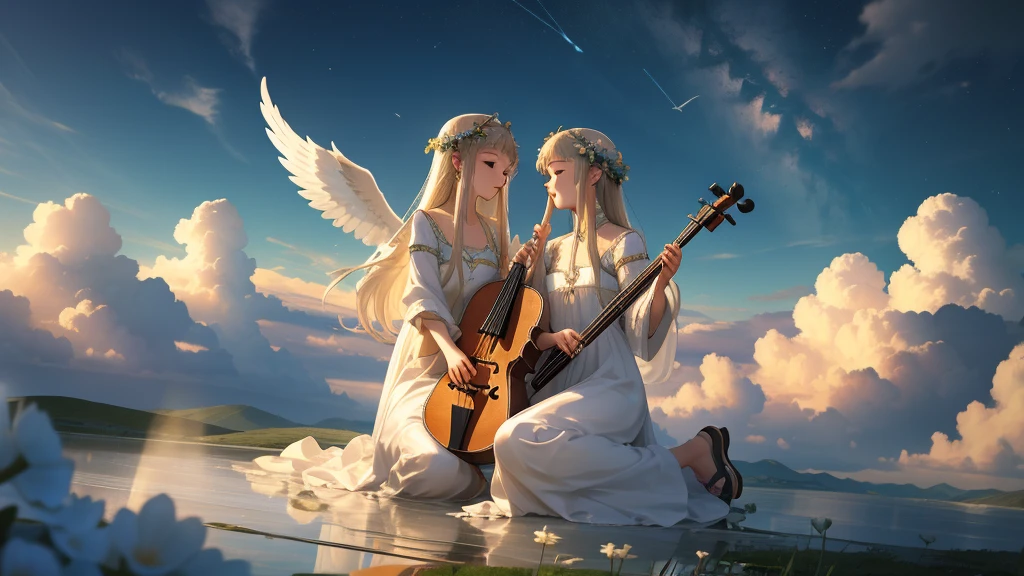 最high quality、high quality、A clear and pretty face、Paradise、Greek God々、Sanctuary Grasslands、Long dress、Full of light、Mysterious、Little angels are playing instruments all around、雲の中にGreek God殿、You can see the sea of clouds、skyline、