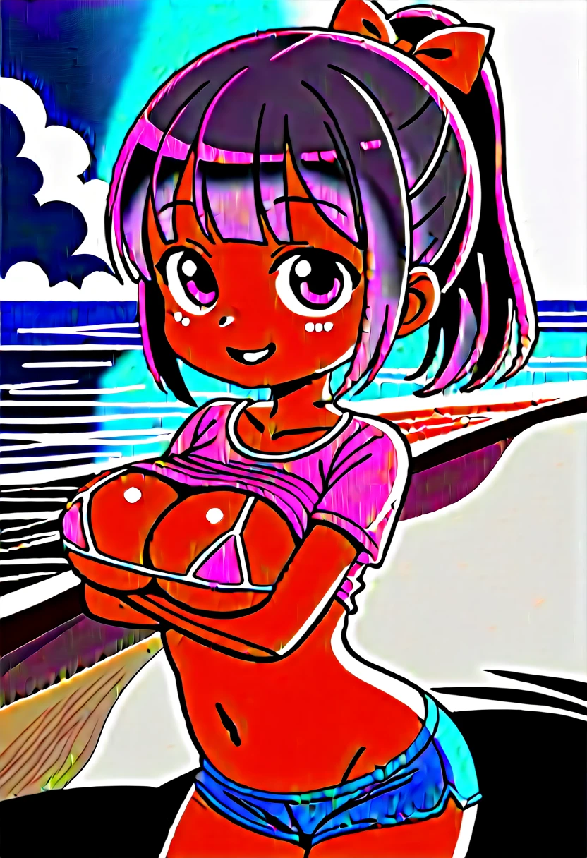 score_9,score_7_up, score_6_up, 1girl, source_cartoon, source_anime,breathtalking Scenery,watercolor,smooth soft skin, natural skin,watercolor, anime screencap,mjm,brs
BREAK
(:1.9),(little female child:1.9),(oppai loli), (large breasts:1.3),(disproportionate breasts:1.5),(loli tod:1.4),(mini girl:1.3),(4 yo:1.3),(Toddler body:1.4),(muffin top:0.8),(preschooler:1.1),(infant:1.1),(baby face),round face,
BREAK
high ponytail,(reddish purple hair:1.7),highlight on eyes,(purple eyes:1.1),diagonal bangs,(smug face:1.2),doyagao,open mouth, ultra cute face,kawaii,skindantation,oily skin, beautiful eyes, detailed eyes,happy,puffy eyes, smile,
BREAK 
bikini top visible through over-sized extra big whiteshirt,(shadows of body:1.5),(background visible through:1.1) over-sized extra big shirt,short pants,(backlighting:1.5),see through (over-sized extra long:1.5) t-shirt, short sleeves, side view,from side
BREAK 
wedgie,dynamicpose,sea,wave,island,tropical,dynamicangle,breathtalking background, outdoors,pastelcolor,