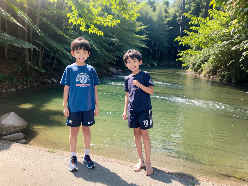 In the forest、Swimming in the river、１０Year old boy、Cute boy、My whole body is wet、Boy in gym clothes、The bottom of the white T-shirt is blue、Blue shorts、Japanese、（Boy 1.4）、cold water、Elementary school field trip、