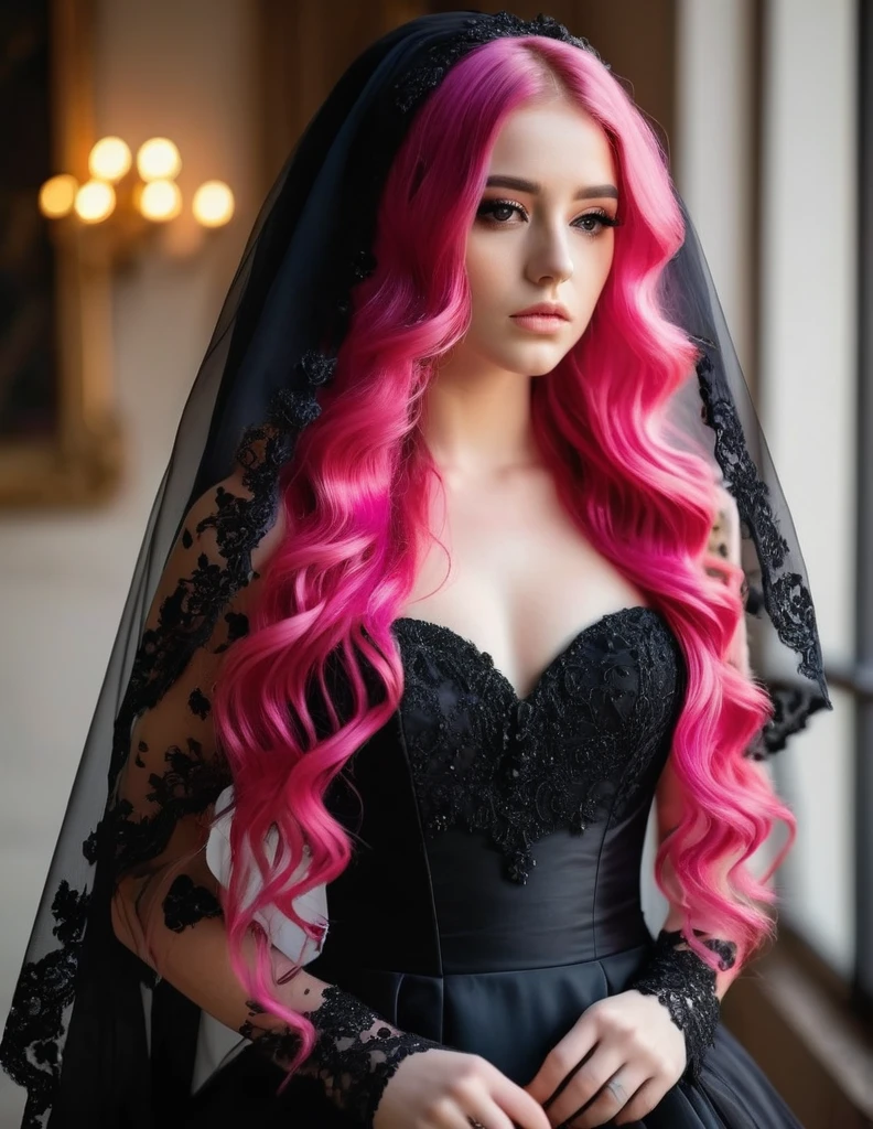 very attractive 25 year old girl with long wavy bright pink hair, wearing black wedding dress with black veil, looking sad, photo quality