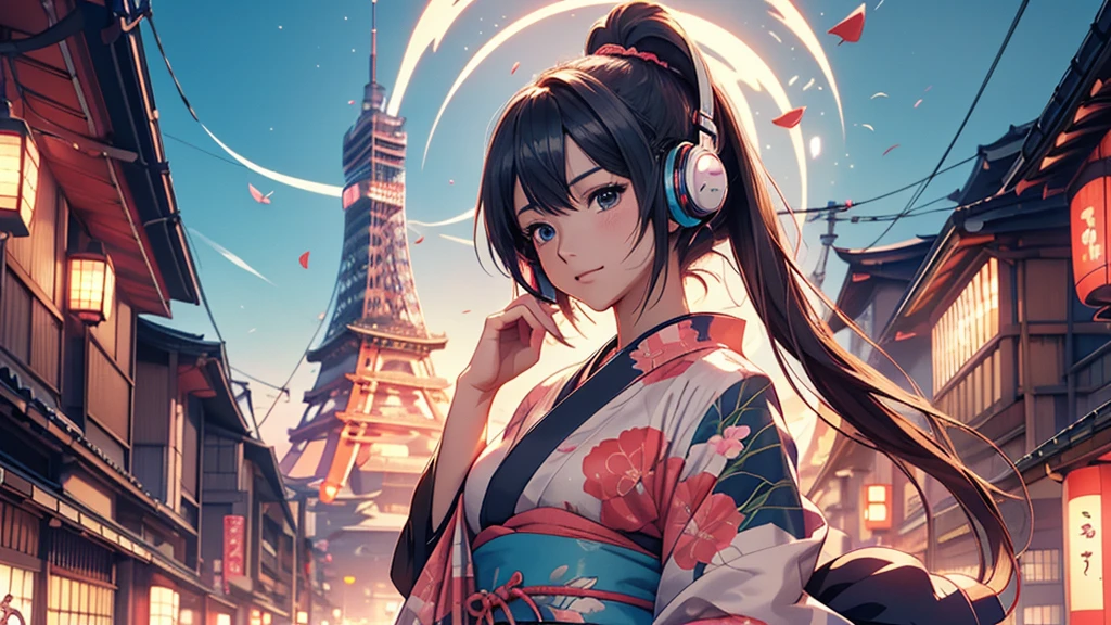 Woman wearing headphones, Anime Style 4 k, anime wallpaper 4k, anime wallpaper 4k, 4k anime wallpaper, anime art wallpaper 4k, anime art wallpaper 4k, Anime Style. 8K, Anime atmosphere, , Ultra HD Anime Wallpaper, Anime Art Wallpaper 8K, Anime Background,landscape、Japan、japan,kimono、Tokyo Tower