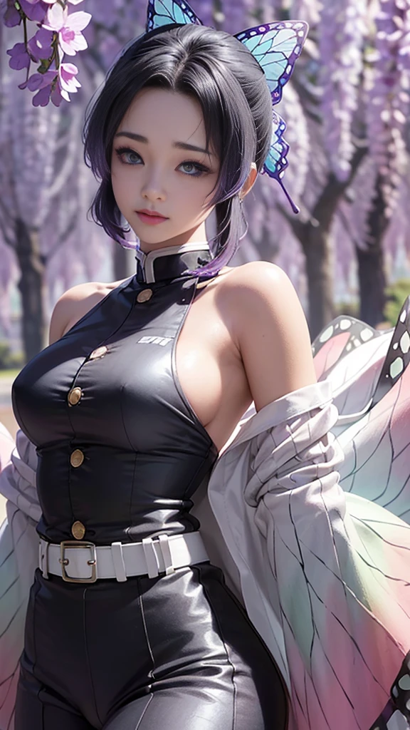Beautiful eyes、Ultra realistic 8K CG、​masterpiece、((hyper detailed background、delicate patterns、intricate detailes))、top-quality、extra detailed face、extremely detailed eye and face、extremely detailed eye、kochou shinobu、O cabelo multicolorido、No bangs、Hair intake、a purple eye、brow、Black shirt、Black pants、haori、butterflys、buttoning、a belt、(garden:1.2)、purple flower、Chibi、cloudy ash sky、sunlights、Tindall Effect、gradient_skyporn、faces、Gorgeous sky、Waist saber、alluring posture、armpits, arms behind head, pussy, nsfw:1.5
