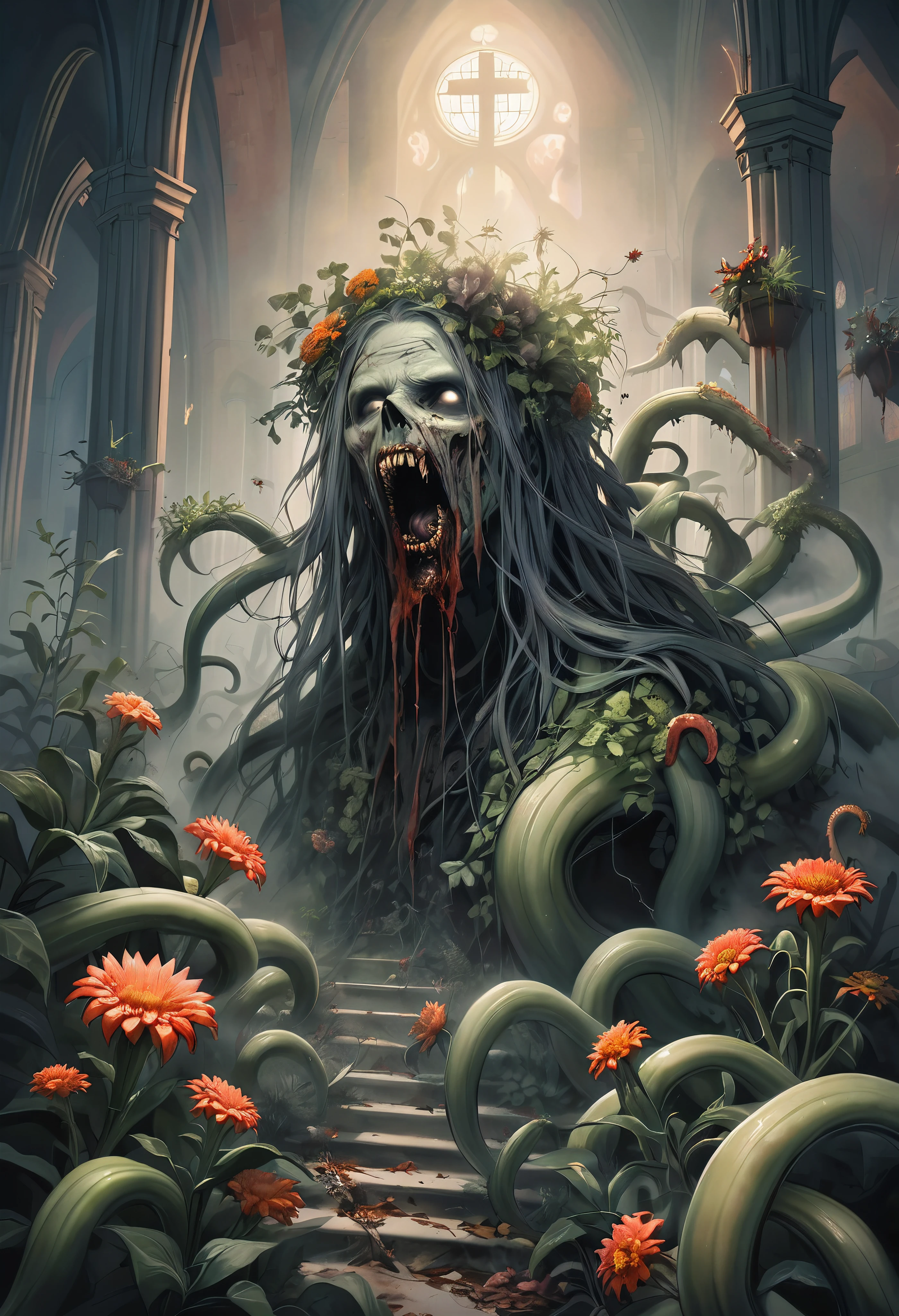 An aesthetic fusion of gothic horror and plant art, Realistic Dark Fantasy, BREAK: Zombies wandering around a church late at night, Entangled plants, Aesthetic flowers bloom, BREAK Plant tentacles attack zombies, As if it had a will, BREAK Zombies shaking off plants, Plants suppress movement, Dynamic growth, BREAK Fantastic Fog, A religious painting with clear detail and aesthetics