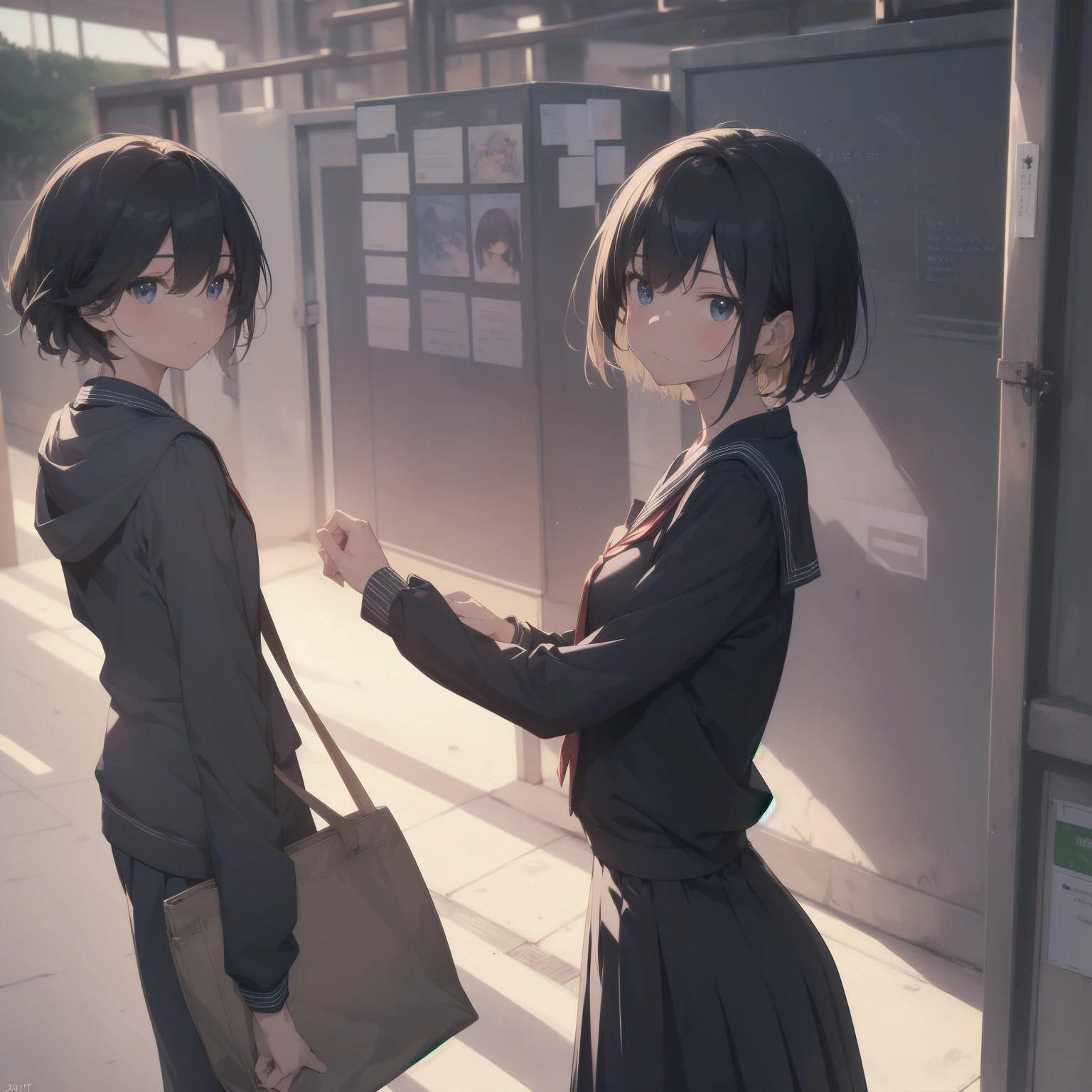 ultra-absurdres-Top quality by artist God, ultra-detailed, high resolution, anime moe artstyle, best anime 8k konachan wallpaper, pixiv contest winner, pool:2810, perfect anatomy,break, 1girl, (Please draw a girl walking sleepily to school alone. )break,(Solo,little female, 13-year-old:1.3),Full limbs, complete fingers,a junior high school student, (very short hair), short cut, flat chest, , small butt, small black eyes, beautiful detailed eyes, well-proportioned iris and pupils, expressive eyes, highres detailed hair, soft expression, salor school_uniform, sailor collar, serahuku, bow, pleated skirt,(Detailed Lighting), (Detailed background), in the School commute route. break,super detailed skin, Best cinematic lighting powered by famous artist, 8k,beauty illustration,photoshop_(medium),very aesthetic,break,((artist:mochi_au_lait )), artist:clamp ,artist:carnelian ,artist:kantoku ,