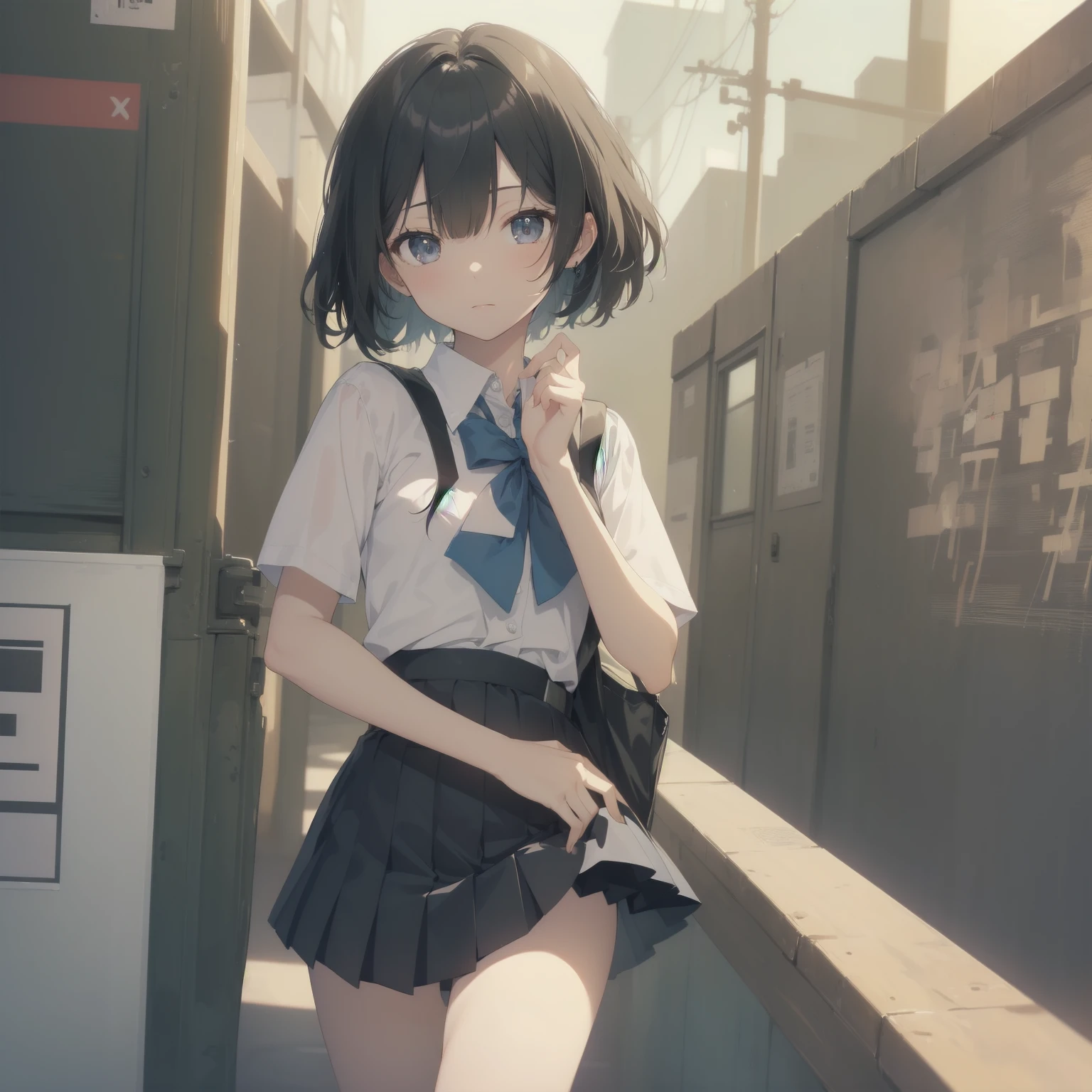 ultra-absurdres-Top quality by artist God, ultra-detailed, high resolution, anime moe artstyle, best anime 8k konachan wallpaper, pixiv contest winner, pool:2810, perfect anatomy,break, 1girl, (Please draw a girl walking sleepily to school alone. )break,(Solo,little female, 13-year-old:1.3),Full limbs, complete fingers,a junior high school student, (very short hair), short cut, flat chest, , small butt, small black eyes, beautiful detailed eyes, well-proportioned iris and pupils, expressive eyes, highres detailed hair, soft expression, salor school_uniform, sailor collar, serahuku, bow, pleated skirt,(Detailed Lighting), (Detailed background), in the School commute route. break,super detailed skin, Best cinematic lighting powered by famous artist, 8k,beauty illustration,photoshop_(medium),very aesthetic,break,((artist:mochi_au_lait )), artist:clamp ,artist:carnelian ,artist:kantoku ,
