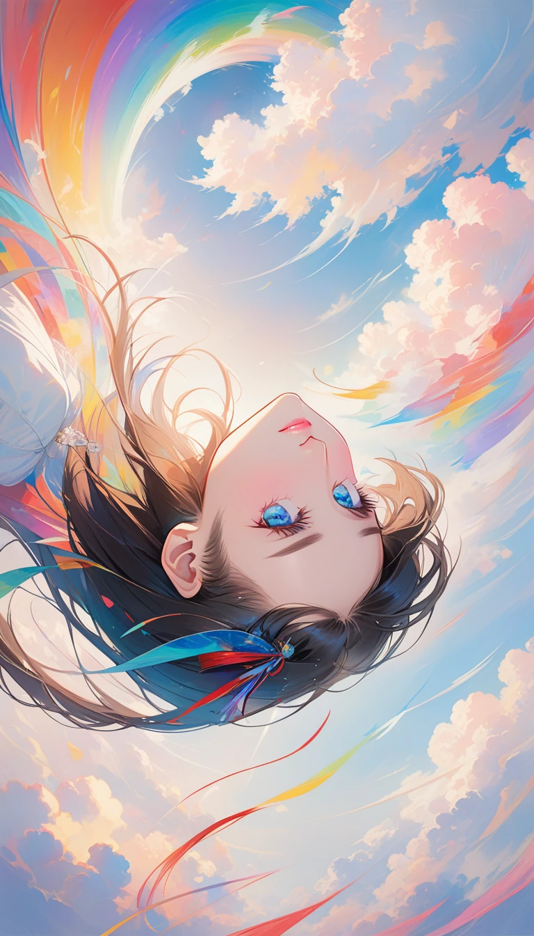 Chinese woman, Close-up of face, Soaring female figures **** Ribbon, smokes, in the sky, Vibrant colors, Mysterious colors, Modern Impressionism, portraiture Yanjun Cheng, Rainbow painting, 3/4 Perspective, Cute face, Low Angle, Wide Rotation Composition, Large target, Beautiful crystal eyes, Large target iris, Ultra HD, Human Development Report, 8,000, (masterpiece: 1.5), (The most beautiful portraits in the world: 1.5)