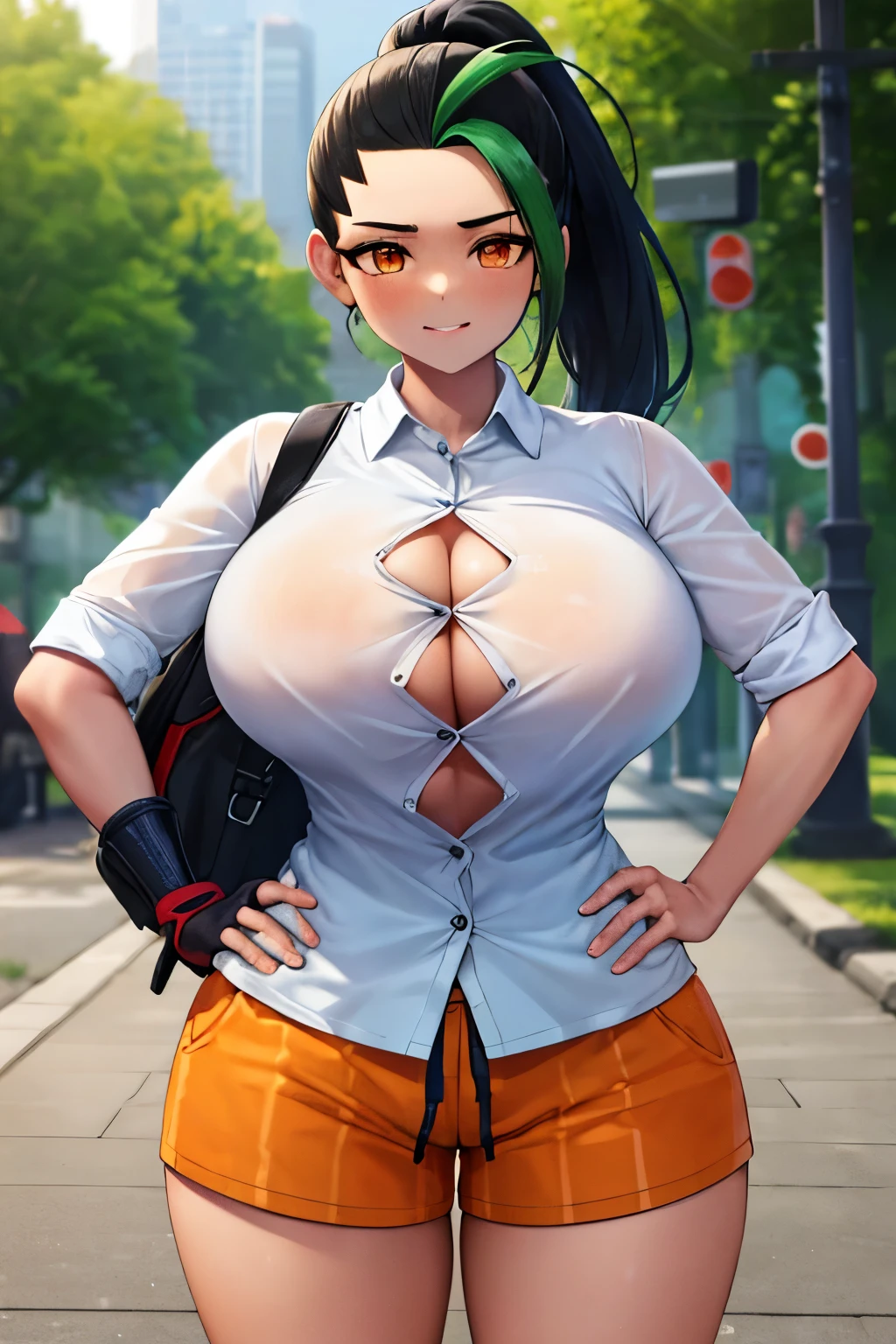 (masterpiece, best quality, absurdres, 4k, aesthetic, detailed, intricate, perfect lighting), cowboy shot, outside,1girl,happy, nemona, streaked hair, ponytail, orange shorts, single glove, hands on hip, large breasts, buttoned down blouse, ((button gap)), tight top, becovered