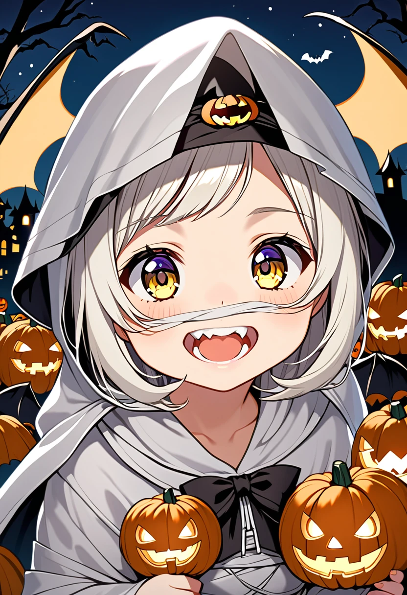 High Quality, Two Women, Beautiful blonde girl in mummy costume, one eye hidden by bandages, AND hooded little silver-haired girl, double teeth, bat wings, AND cute, night, jack-o-lantern