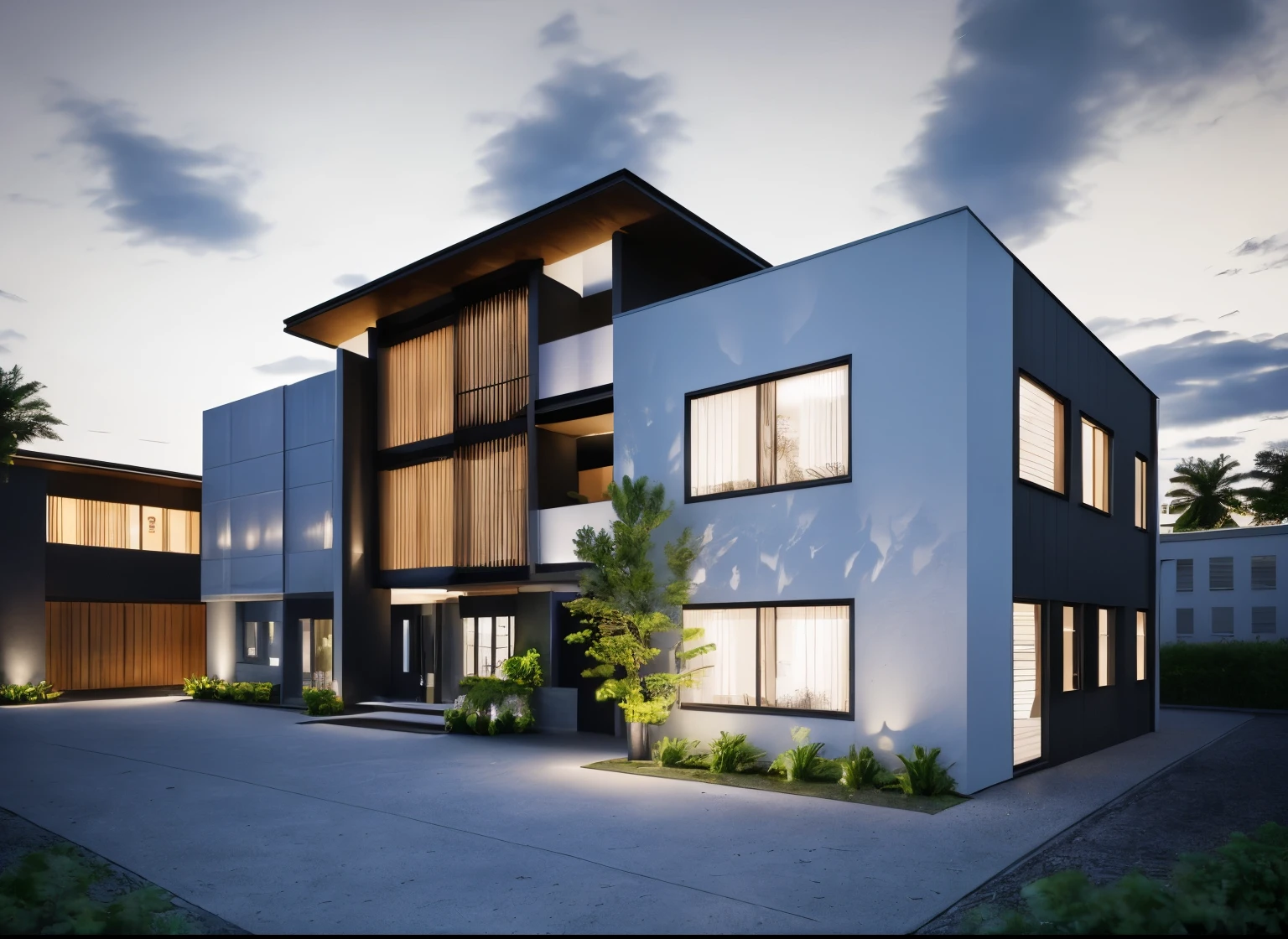 a view of a modern home with a large front yard, main material by glossy white wall and black stone and wood,  1 road runs in front of the house,  (RAW photo, real, best quality, masterpiece:1.2), look morden minimalist, 1 road in front of the house, shime ring light, light brighteness from indoor:1.2, dynamic lighting:1.3, (hyper realistic, photo-realistic:1.2), high quality, day lighht, hight contrast :0.5 perfect lighting, archdaily,  award winning contemporary, contemporary masterpiece, well-designed masterpiece, large modern residence, neotraditional modern, wide angle exterior 2022, midcentury modern, contemporary house, hip modern vibe, a long-shot from front, award winning modern design, stunning lines, residential, subtle detailing