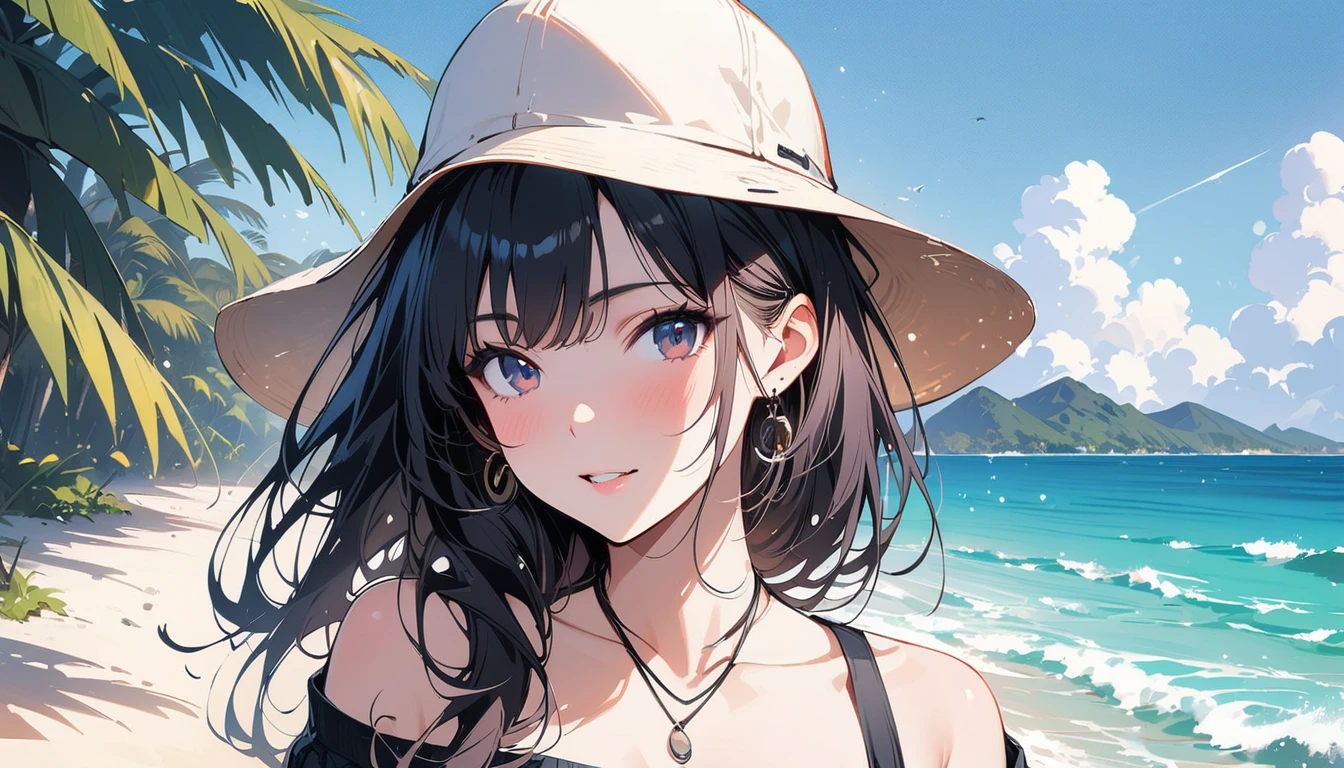 (masterpiece, Highest quality:1.2), 1 Girl, alone,Eyes open,Listening to a boombox,Tropical atmosphere,Ocean