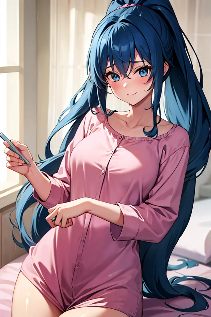 (masterpiece:1.3), (best quality:1.1), (8k, ultra detailed, ultra high res:1.2), ((anime style)), perfect 5 fingers, perfect anatomy, 
1girl,
BREAK long hair, ponytail, 
blue hair, 
blue eyes, 
[medium breasts], 
BREAK Satin Nightgown, pink pajamas, 
smile, 
looking at viewer, (eating ice cream:1.1), 
cowboy shot, 
fair skin, wet skin, 
perfect light, 
indoors, inside, on a bed, wariza, 