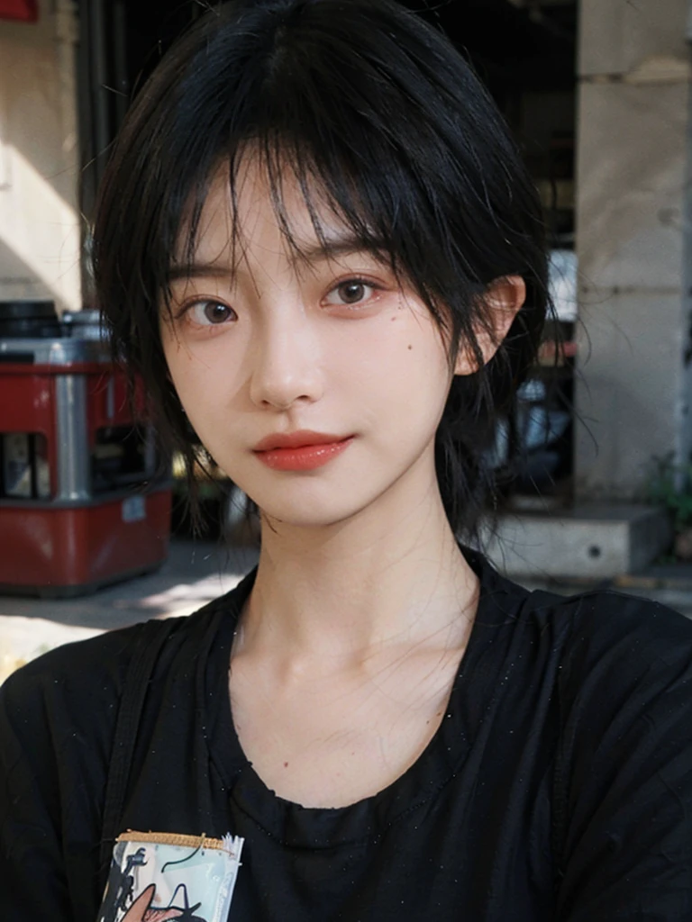 (Skin details:1.4), (smooth skin textures:1.3), (Upper Body:1.4),(Upper Body:1.3),(Black clothes:1.4),Lipstick, background, earrings, serene, calm, (Realistic and detailed eyes:1.2), Natural skin texture, Realistic facial details, Soft dramatic lighting, Vivid details, 35 mm film, outdoor, (Photo Practical:1.4), (hyper Practical:1.4), (Practical:1.3), (Smoother lighting:1.05), (Improve lighting quality:0.9), (Highest quality real skin textures:1.4), Exquisite eyes, Delicate face, Close-up of face, (Enhance the beauty of skin texture:1.1),0Normal body proportions, short hair, Moles under the eyes, A faint smile,Portrait Photography, Depth of Field, Bokeh, Surrealism, Ray Tracing, (Portrait Photography:1.1), Surrealism, High Detail, Chiaroscuro, Ray Tracing, reflected light, Ultra HD, Ultra HD, masterpiece, Textured Skin, Super Detail, High Detail, high quality, best quality