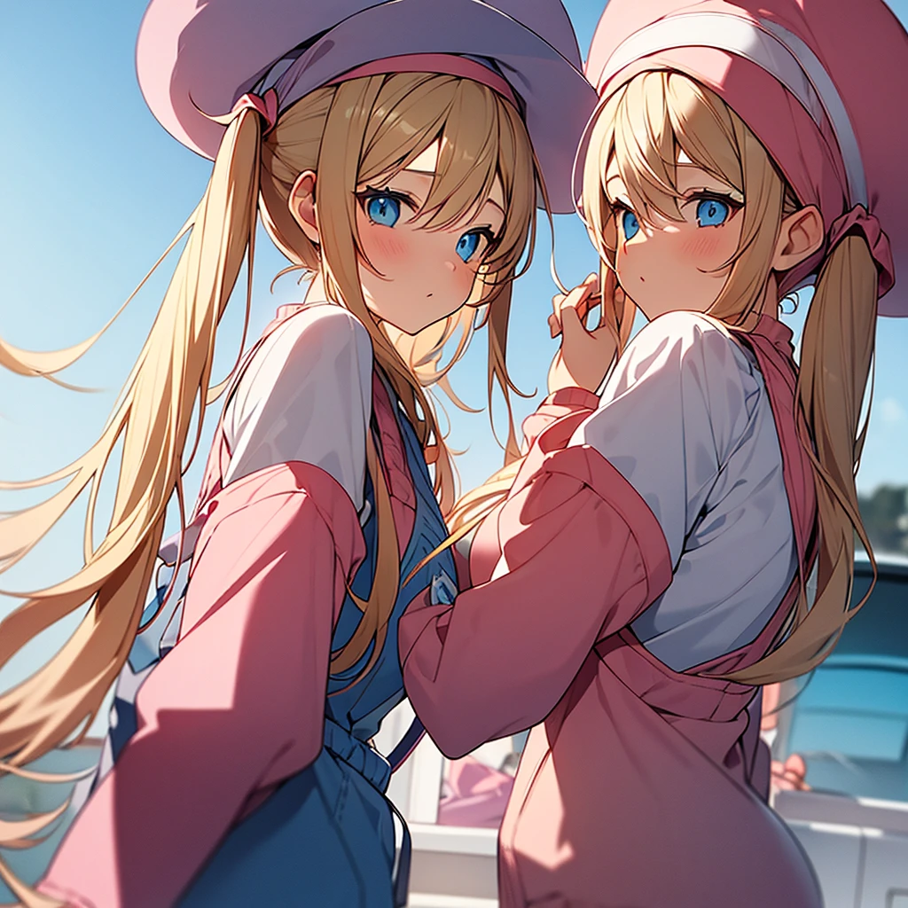 an adult woman, blue eyes, Blonde, hair in two pigtails, pink vests, pink dress with white overalls, a pink hat on her head, in a calm and sweet environment, photography as for social media profile