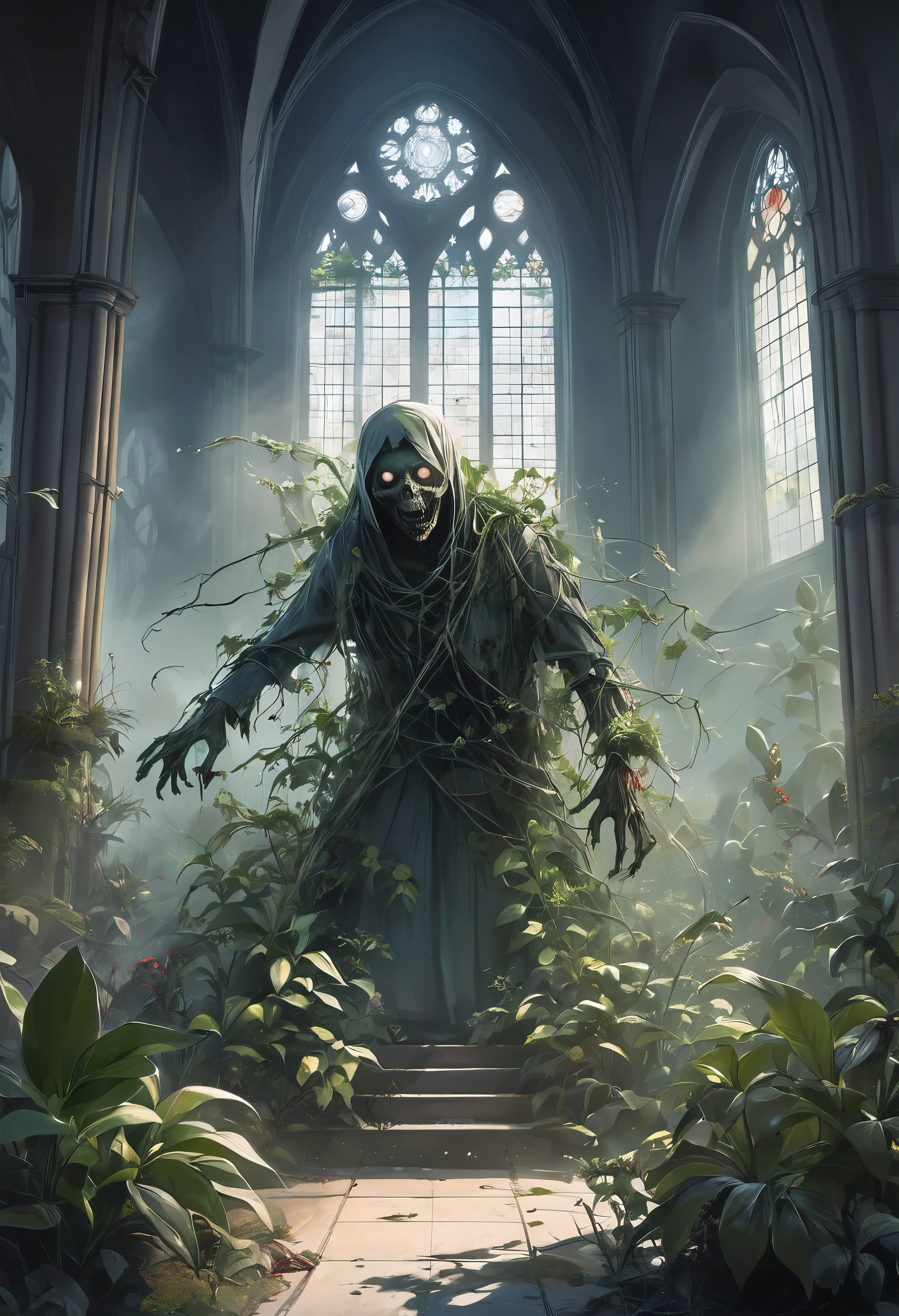 An aesthetic fusion of gothic horror and plant art, Realistic Dark Fantasy, BREAK: Zombies wandering around a church late at night, Entangled plants, Aesthetic flowers bloom, BREAK Plant vines attack zombies, As if it had a will, BREAK Zombies shaking off plants, Plants suppress movement, Dynamic growth, BREAK Fresh and colorful plants, Transparent fresh green plants, Fantastic Fog, A religious painting with clear detail and aesthetics, An aesthetic artwork depicting zombies being purified by plants