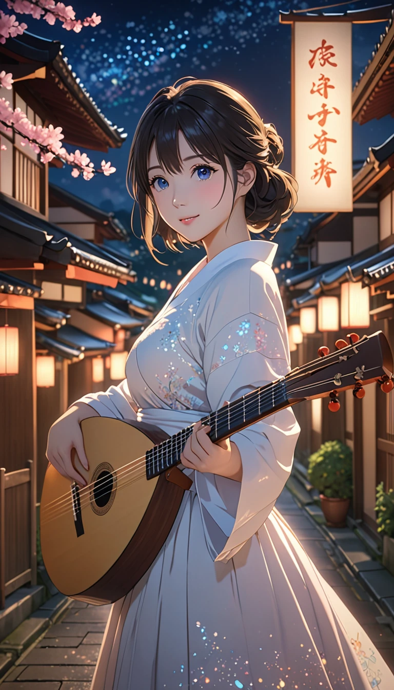 National Science Foundation,masterpiece,High resolution,8K,art,refer,Kyoto Animation Style,Your Name movie style,To the camera,Looking into the camera,night,真night中,in the soft light,(1 female: 1.3),(alone: 1.4),Glittery Lute&#39;s evening dress,(OL style fashion),(Wearing a women&#39;s white blouse),(Black tight skirt),(Above-knee length skirt with no pleats),(Knee-high pencil skirt),(A woman wearing black pantyhose),Crystal Hairpin,Long eyelashes,Thin legs,(Medium Hair),(Black Hair),shiny hair, crystal hair,Feminine poses,Sexy pose,Upper body close-up,(Show upper body),nightの星空,Eyes as deep as the starry sky,(Pale blue eyes),Watery eyes,Shining beautiful eyes,Blushed,shy,Shyly,Please smile with your lips slightly open,A beautiful woman with grace,mystery,mystery的な,