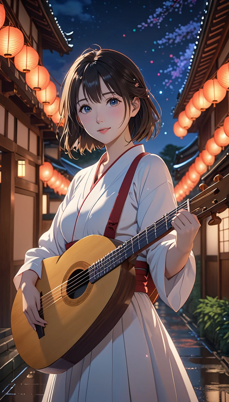 National Science Foundation,masterpiece,High resolution,8K,art,refer,Kyoto Animation Style,Your Name movie style,To the camera,Looking into the camera,night,真night中,in the soft light,(1 female: 1.3),(alone: 1.4),Glittery Lute's evening dress,(OL style fashion),(Wearing a women's white blouse),(Black tight skirt),(Above-knee length skirt with no pleats),(Knee-high pencil skirt),(A woman wearing black pantyhose),Crystal Hairpin,Long eyelashes,Thin legs,(Medium Hair),(Black Hair),shiny hair, crystal hair,Feminine poses,Sexy pose,Upper body close-up,(Show upper body),nightの星空,Eyes as deep as the starry sky,(Pale blue eyes),Watery eyes,Shining beautiful eyes,Blushed,shy,Shyly,Please smile with your lips slightly open,A beautiful woman with grace,mystery,mystery的な,