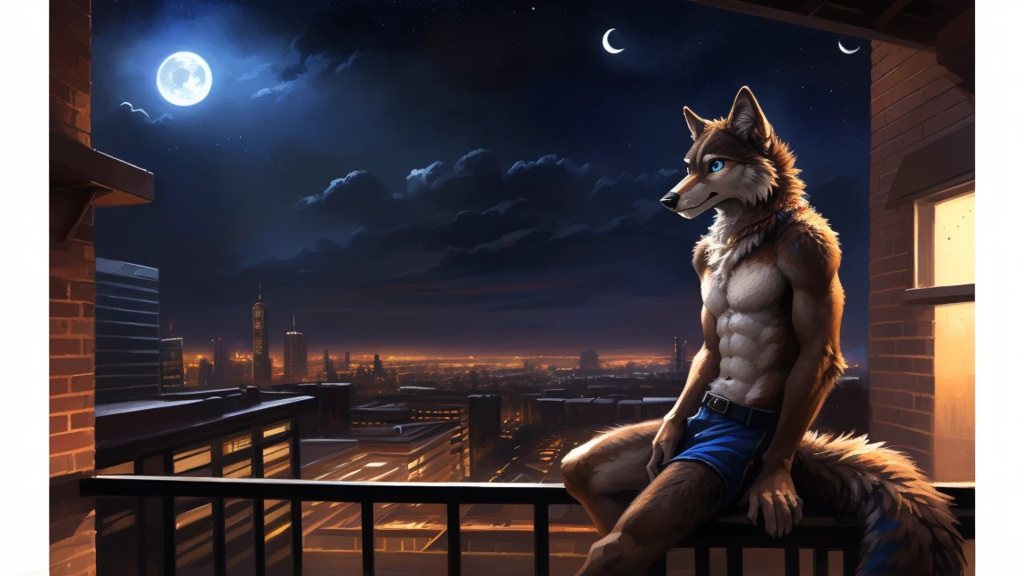 ((Solo)), male people, anthro wolf, (Multi-colored fur, White-brown:1.3), ((Wolf face, Big eyes, White eyelids, Blue pupil, Slim:1.2) (Tough, Calm expression:1.2)), (Height 2.1 meters,Tail length 1.5m), Abs, Slim, pinging, (Correct anatomy), (Contour bone:1.2), The upper body is naked, (detailed outfits), a long large tail，Feet，(Realistic fur, Detailed fur texture, labeled:1.3)), (Natural lighting), Photorealistic, Hyperrealistic, ultradetailed, by Kenket，In the modern city，Roof，the night，Sit alone，Look at the full moon，It was dark，Starry