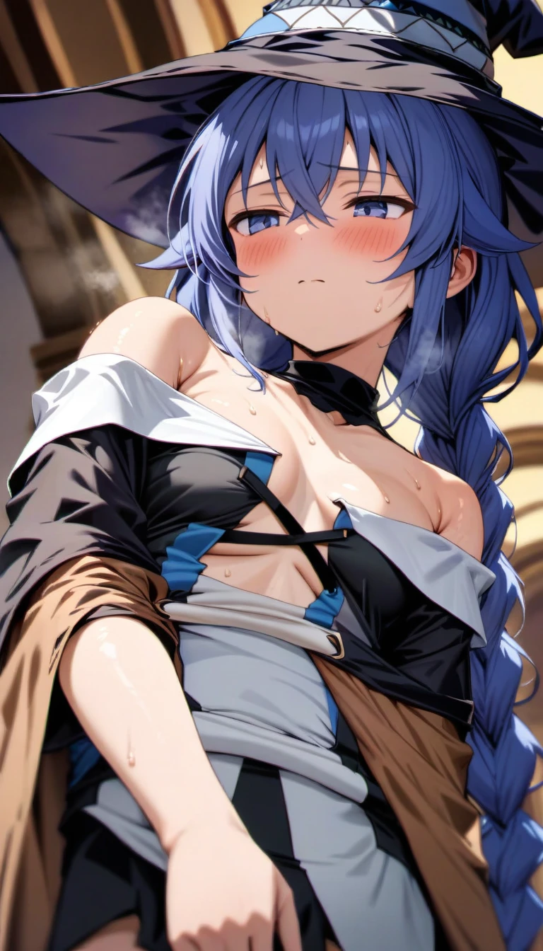 (masterpiece:1.2), Hyper Detail, Highest quality, (Complex_detailed:1.1), Beautiful details, Beautiful Hair, alone,One girl,alone,Roxy Migurdia, Witch Hat, Blue twin braids,Brown cape, shirt,((shirt half off shoulder)),shoulder,Upper Body,Hand holding a cape, sweating,Heavy breathing,vapor,blush,((Open Cape)),greasy shoulder,Half-closed eyes,((From below)),Look down,Reverse hair,Underarm,greasy Underarm, shoulder focus,