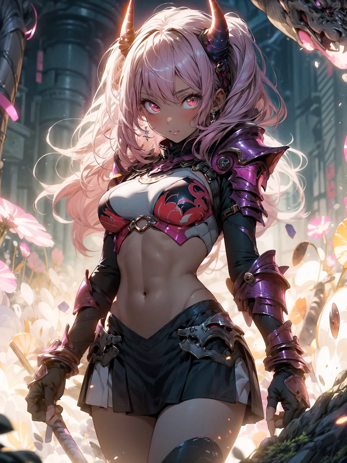  taimanin suit, black leotard, fishnets, elbow gloves, vambraces, armored skirt, thigh boots, ((anatomically correct hand:1.5)), ((anime)), ultra precision, masterpiece, very very beautiful, プリンセスのface, ((alone:1.5)), ((pink hair:1.5)), ((bob cut 1.5)), break, ((black eye)), shortcut, ((straight hair)), break, All limbs,((full finger:1.5)), break, (skindentation), ((skin dents)), professional lighting, (25 years old), tight waist, shiny skin (brown skin), ((oily skin)), glowing skin, looking at the viewer, ((cowboy shot:1.5)), look at the camera, 笑face, mouth slightly open, ((cute:1.5)), extra fine eyes, Extra-fine face, ((thin lips:1.5)), ((droopy eyes)), わずかな笑face, ((model pose:1.5)), face, look at the camera, ((anatomically correct fingers:1.5)), ((thighs)), sexy, perfect hands, (((arms behind:1.5))),